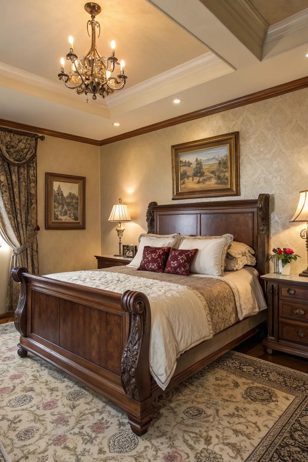 An elegant resting quarter including a timeless mahogany bed framework.