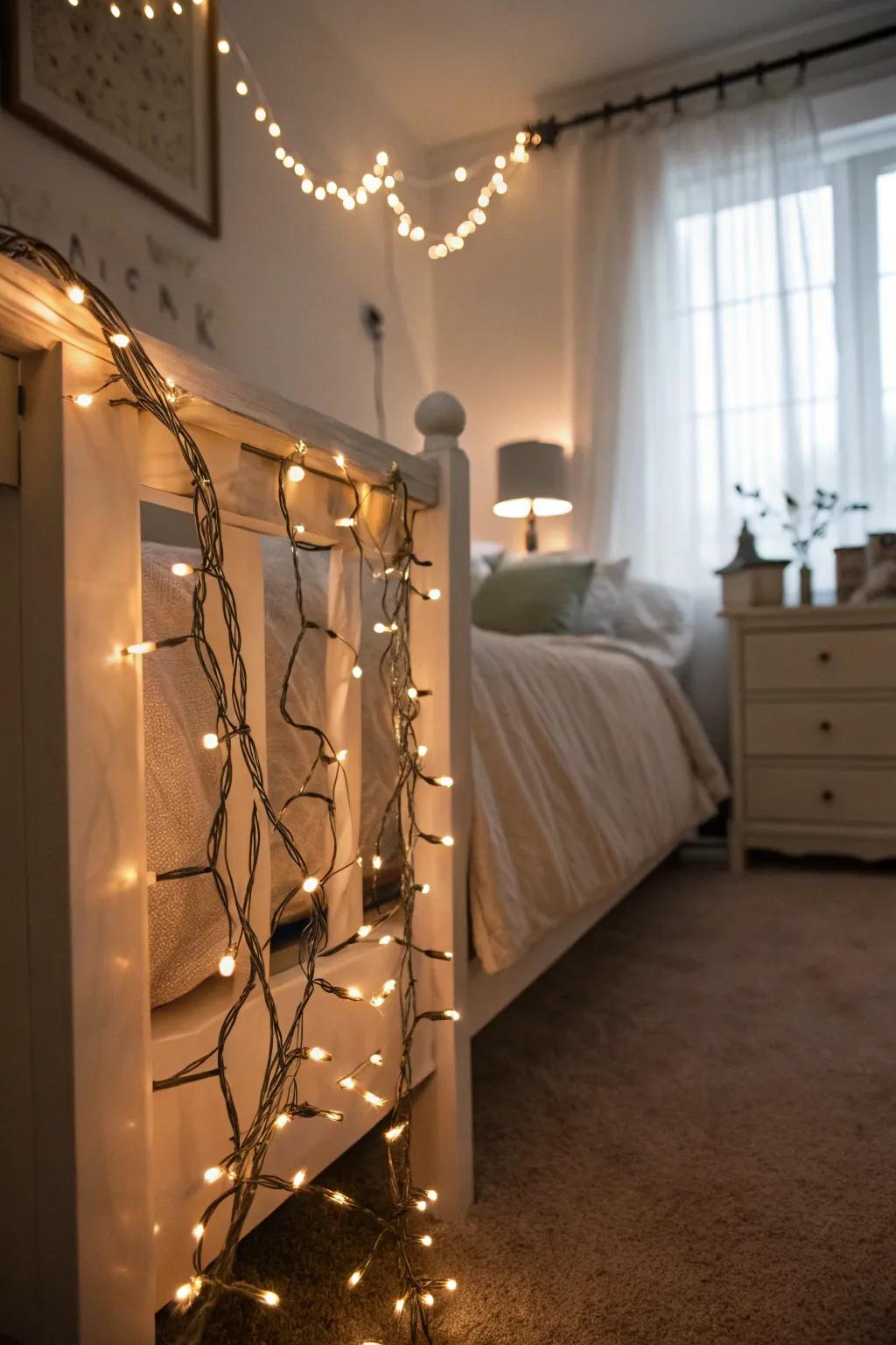Twinkle lights coiled around the foundation of a bed frame.