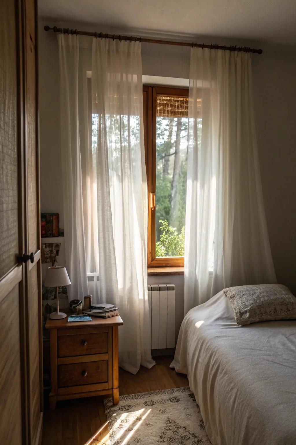 Delicate curtains soften the ambiance and enhance natural light.
