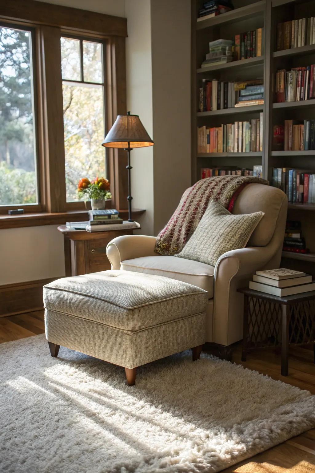 A plush rug adds warmth and defines the cozy reading area.
