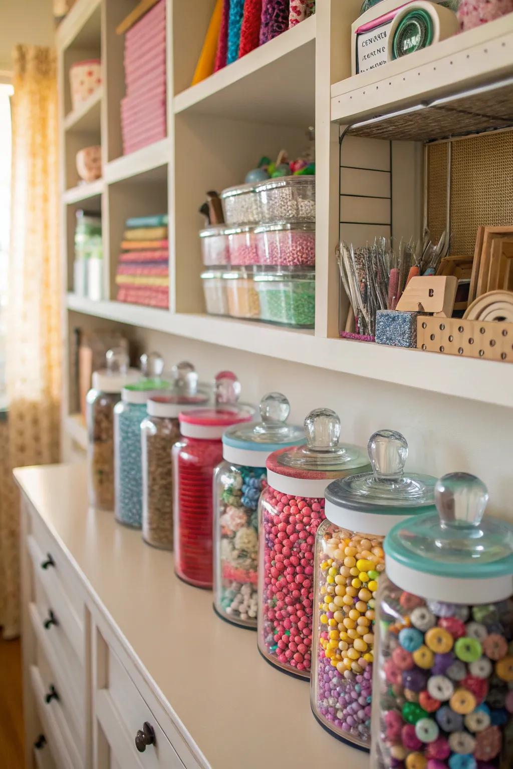 Jars keep small items organized and easily accessible.