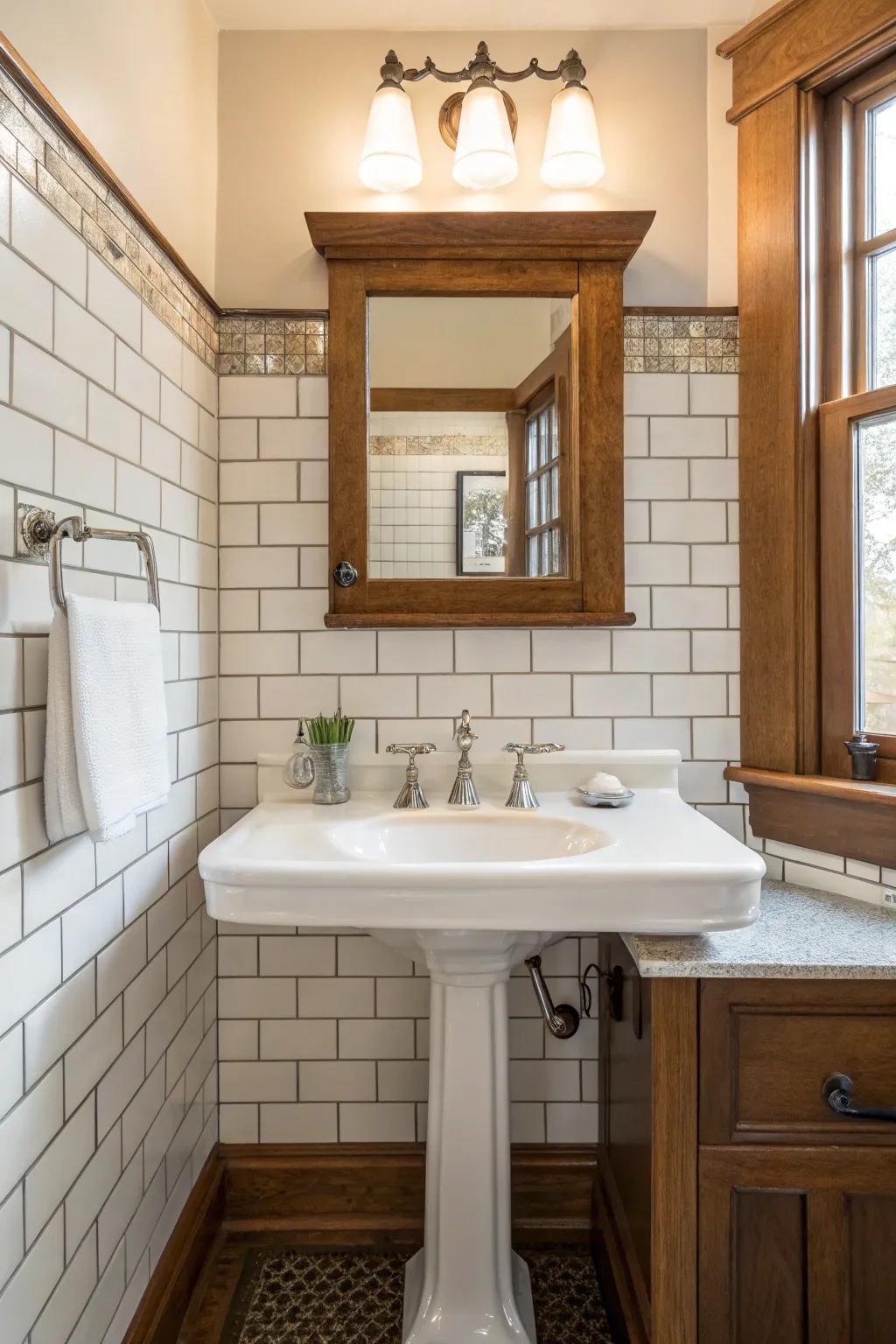 Classic block tiles elevating the craftsman bathroom layout.