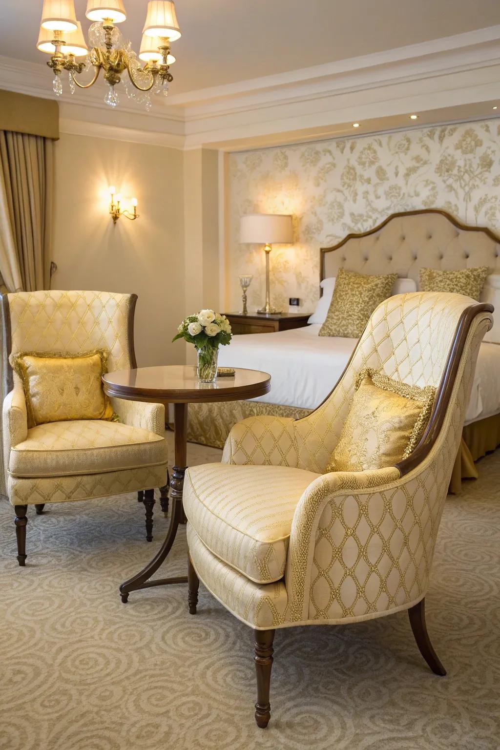 A luxurious seating area adds a luxurious touch to the bedroom.