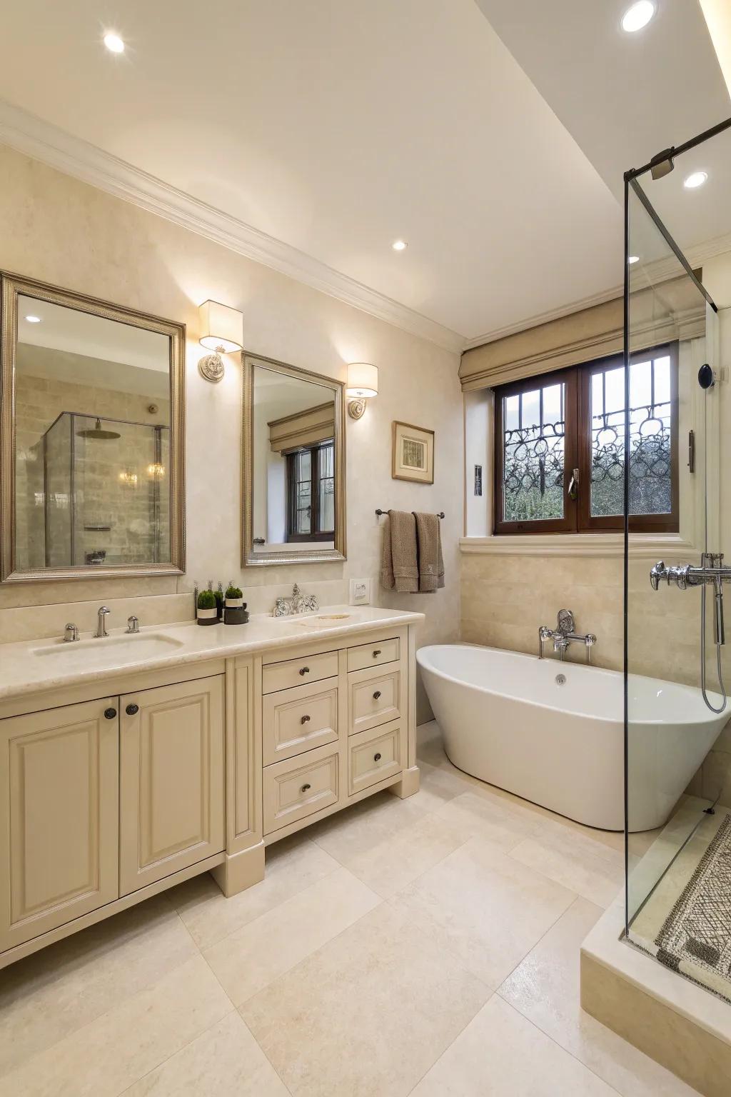 A useful design elevates comfort in this cream bathroom.