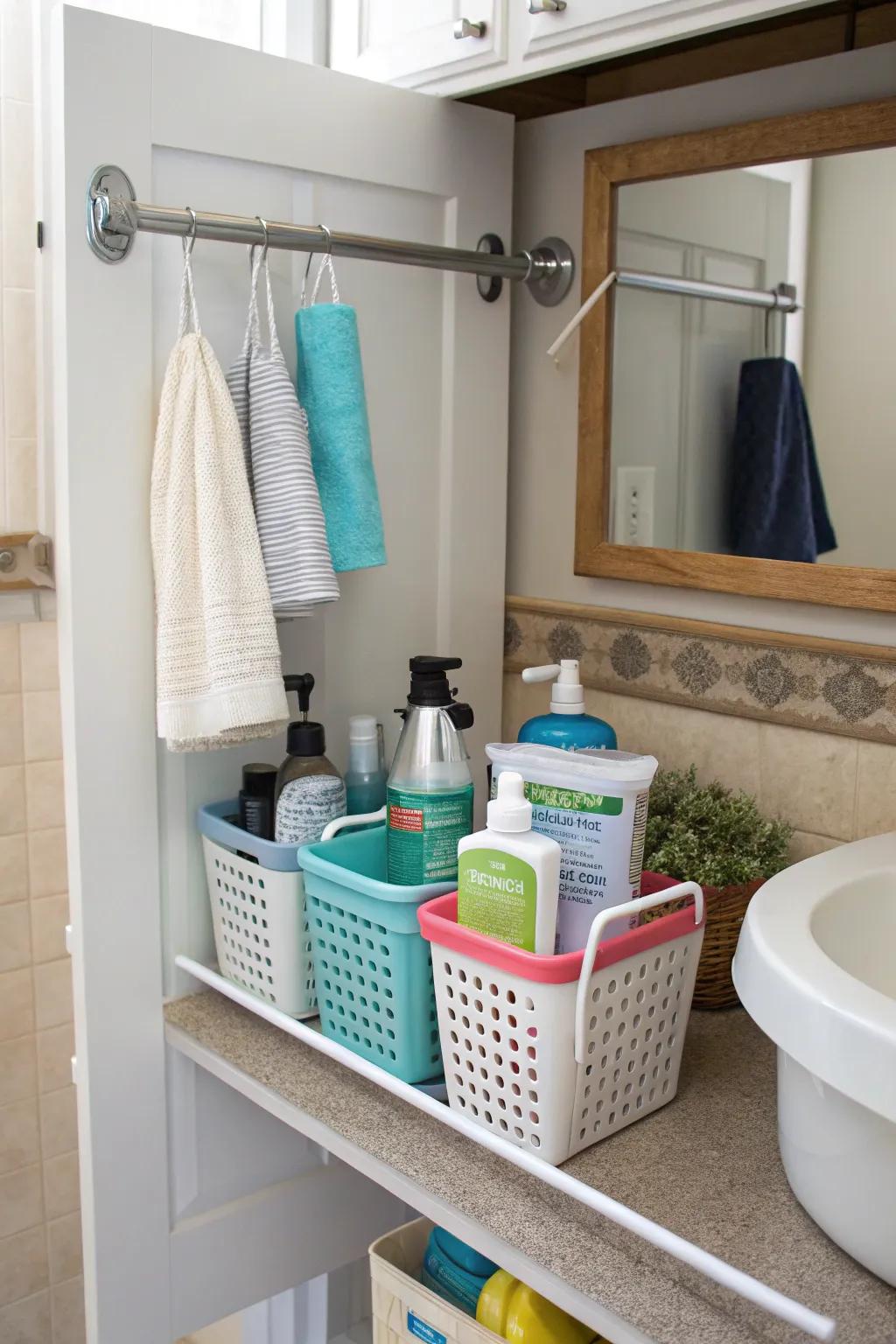 Tension rods enable hanging storage in often overlooked spaces.