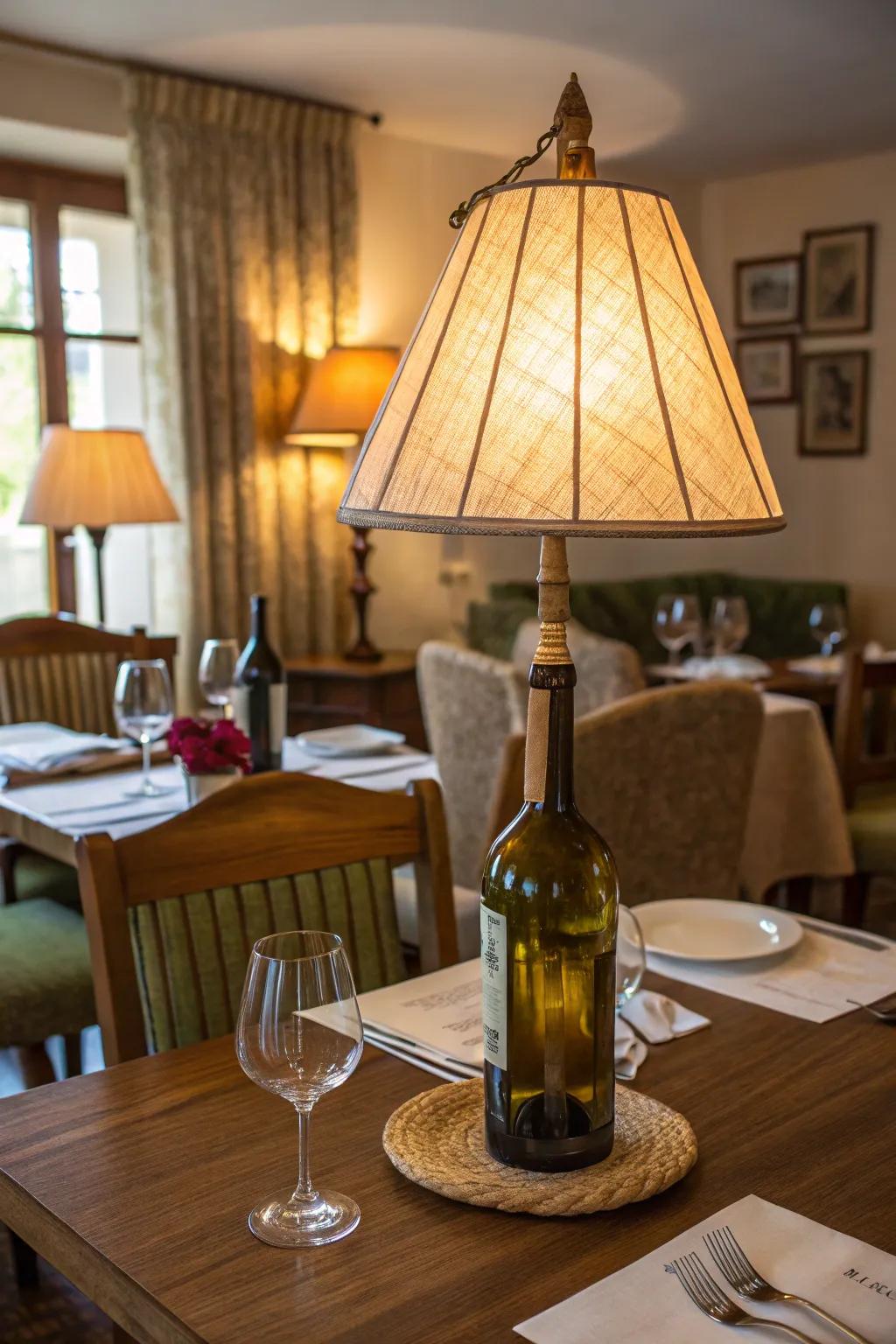 A wine bottle lamp enhances a dining space with charm.