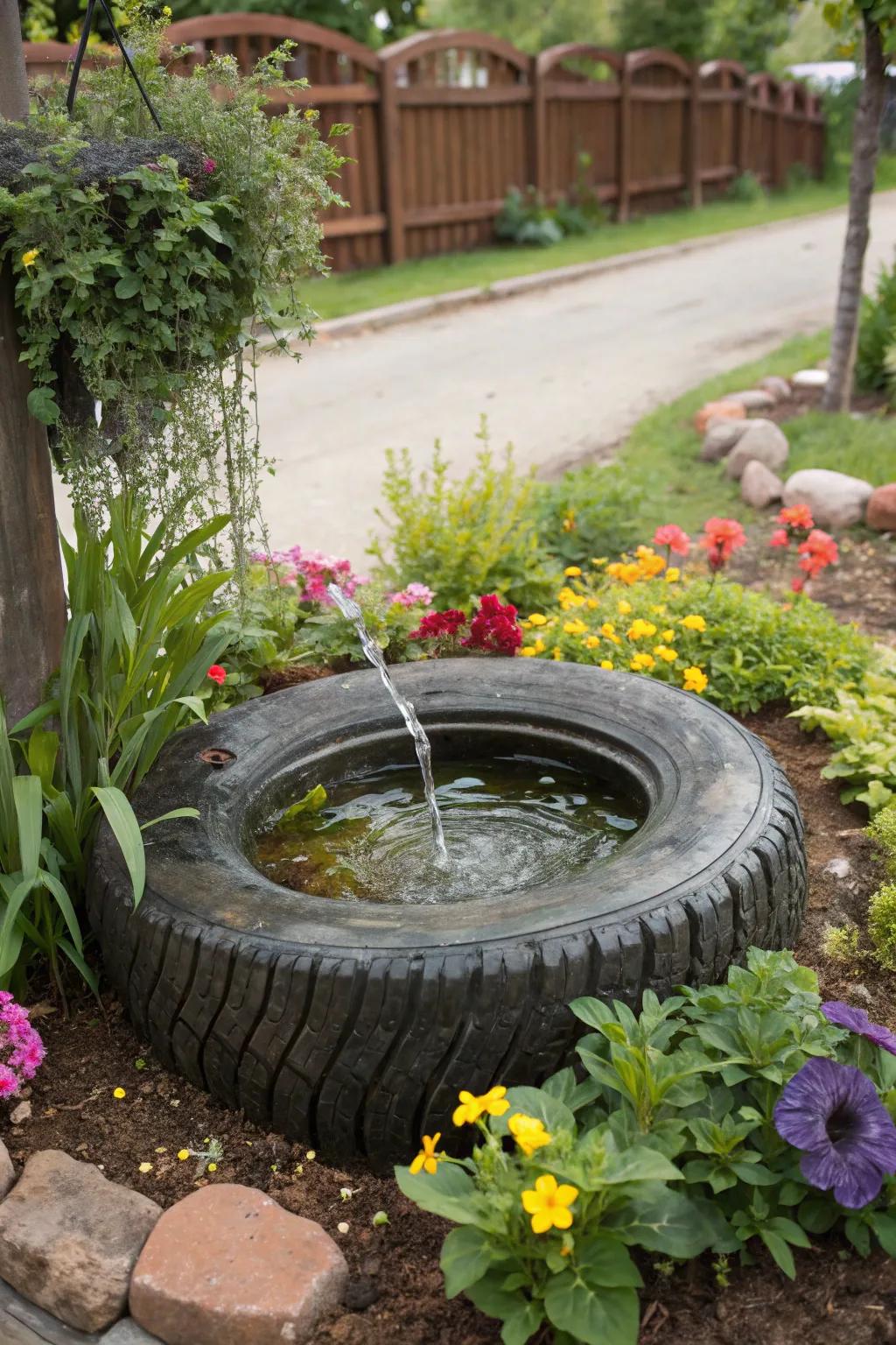 Tranquil liquid feature employing a tire as the centerpiece.