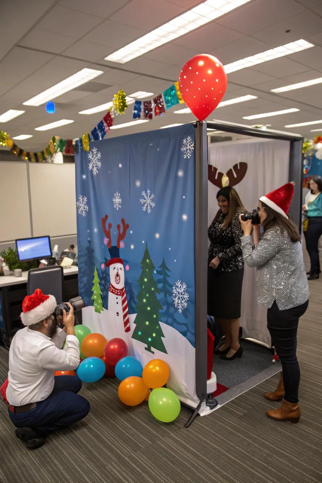 Document festive moments with a holiday snapshot corner in the office.