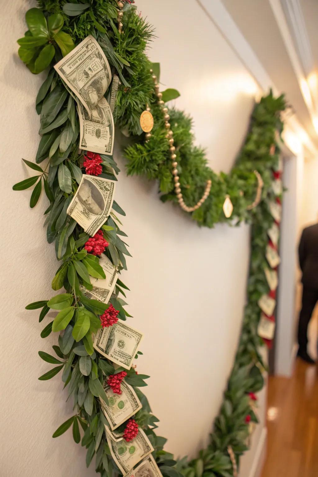 A celebratory monetary garland ideal for the holidays.
