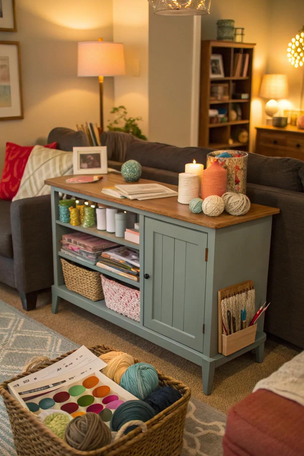 A DIY creative corner setup on a sideboard for artistic endeavors.