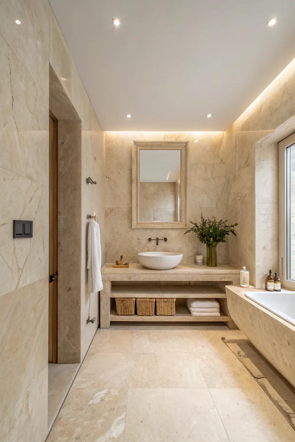 A refined and uncluttered bathroom featuring crema marfil.