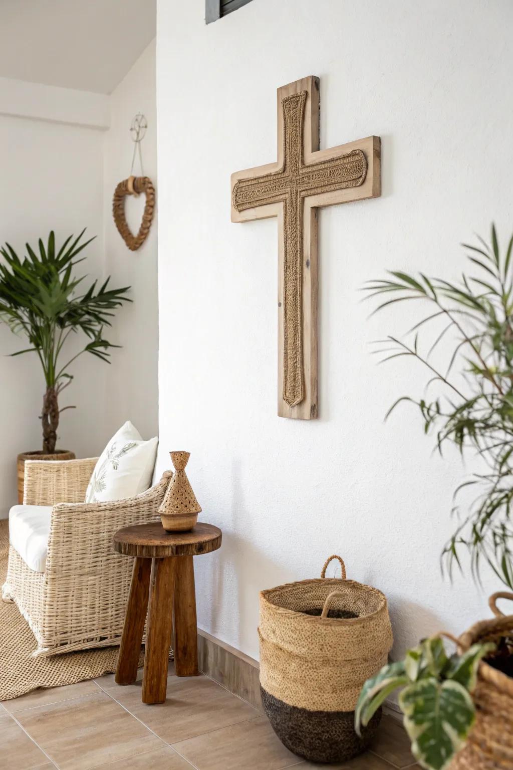 Minimalist symbol wall decor in natural tones.