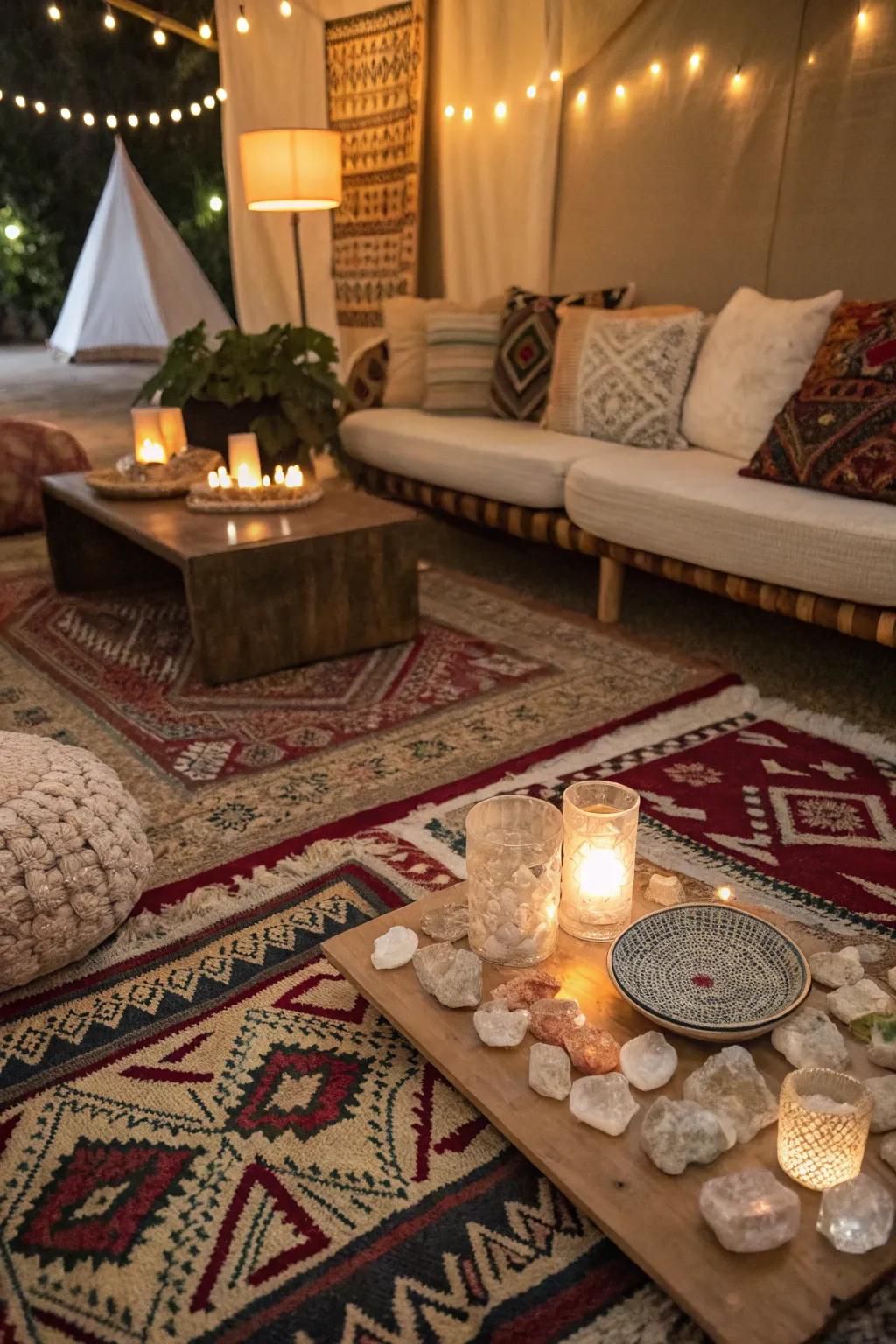 Stratifying rugs and pillows adds texture and balminess to your gemstone-adorned room.