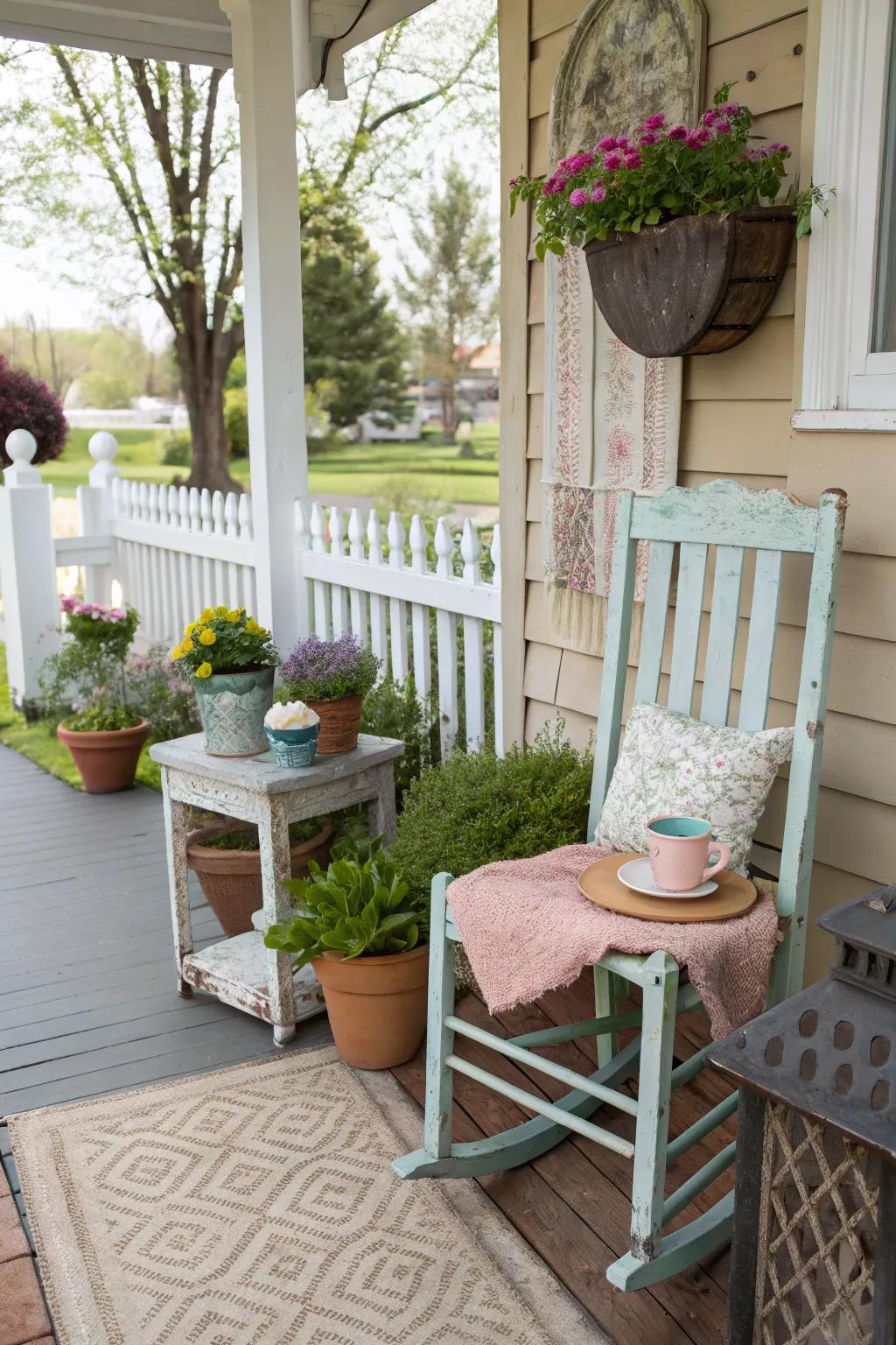 Upcycled furnishings introduce distinct character to a porch.