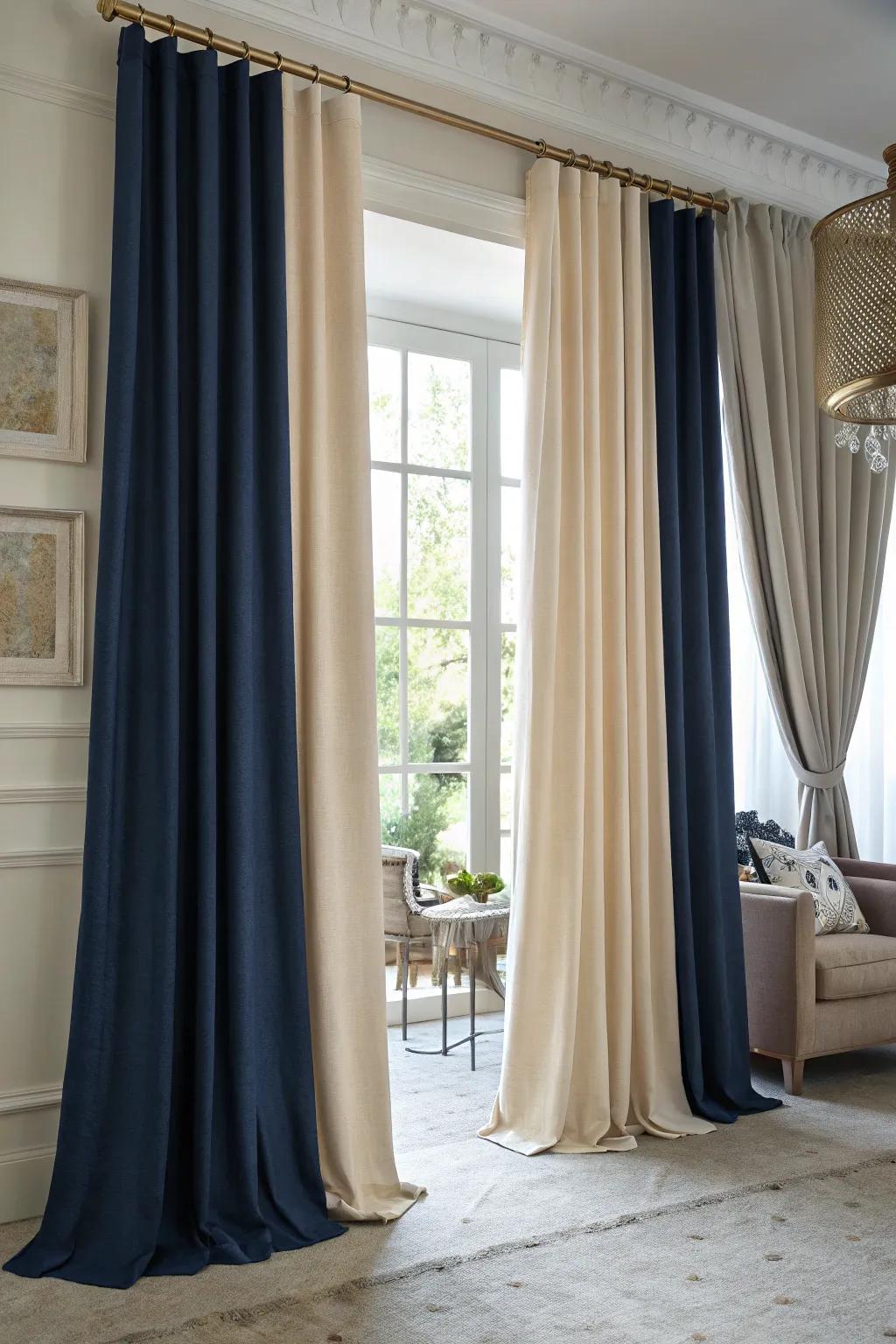 Drapes with a two-tone design introduce a sophisticated touch via their contrasting colors.