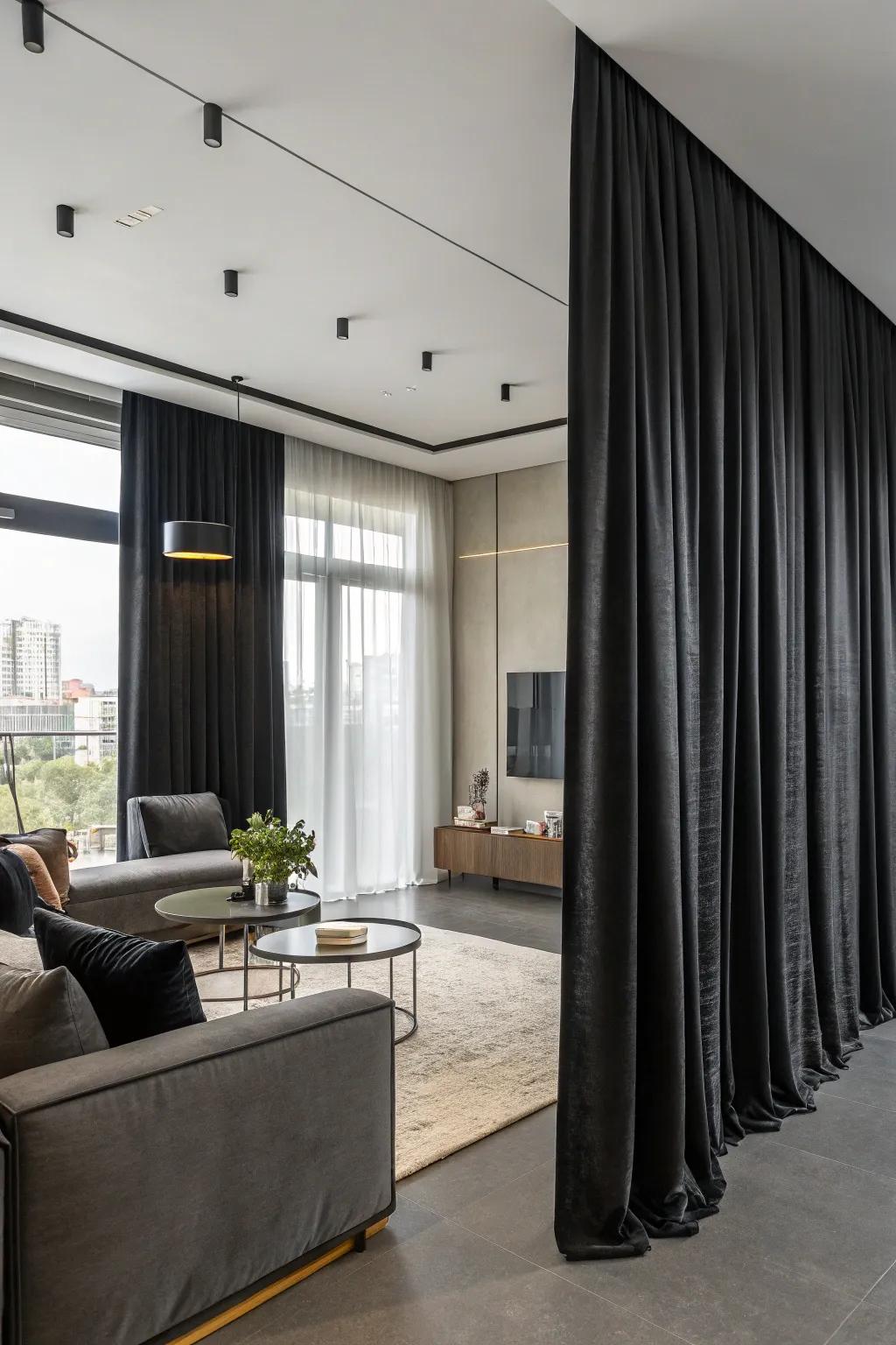 Dramatic dark curtains create a modern statement.
