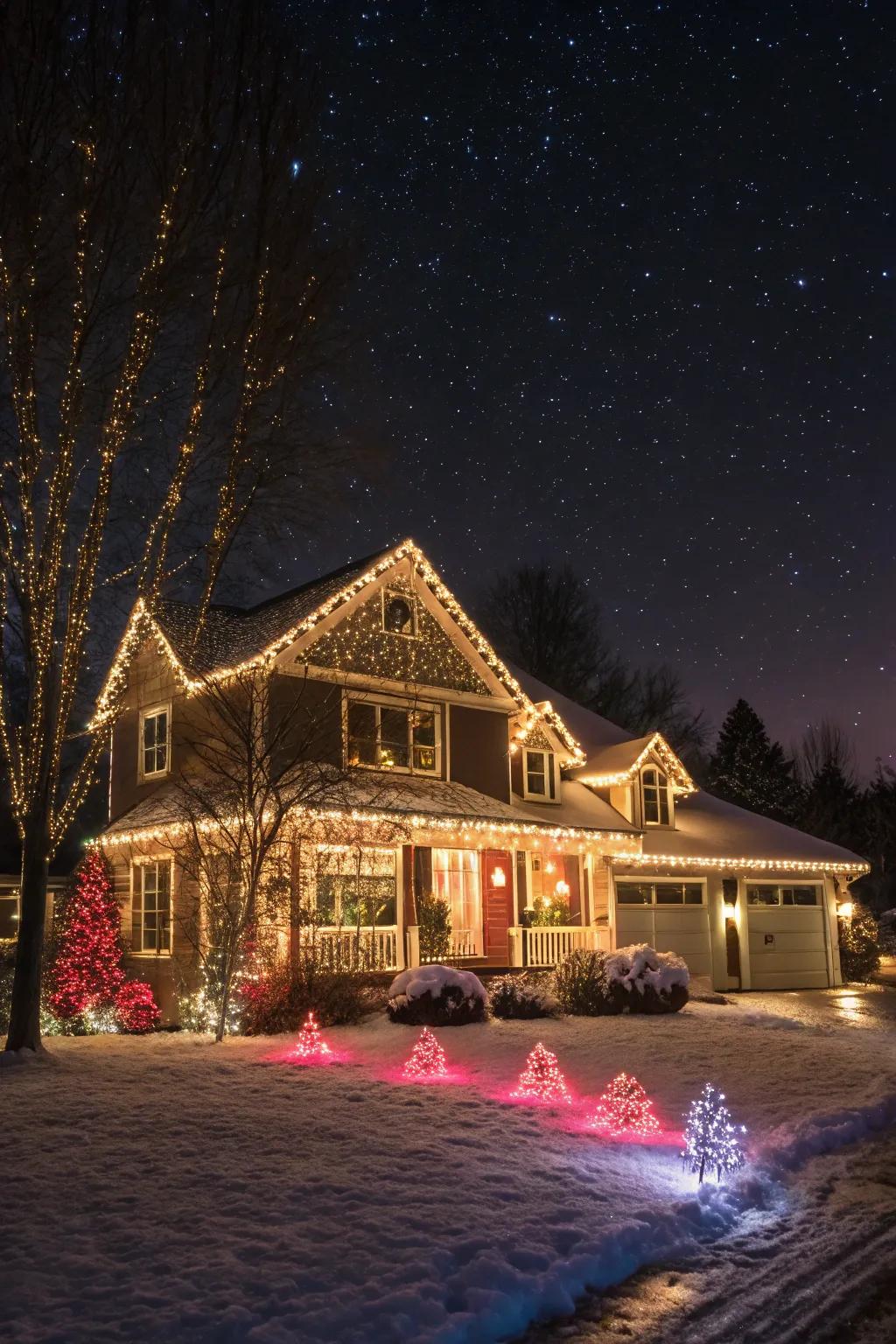 A dazzling Christmas light display enchants the neighborhood.