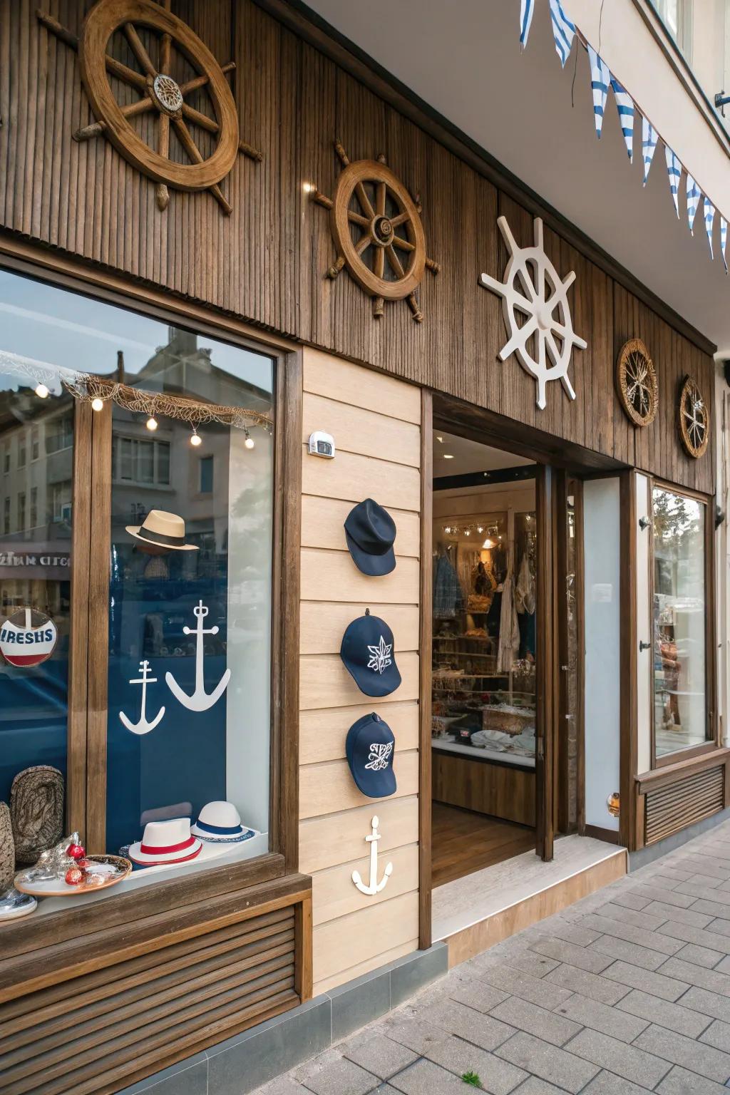 A storefront utilizing nautical-themed decor to tell a captivating brand story.