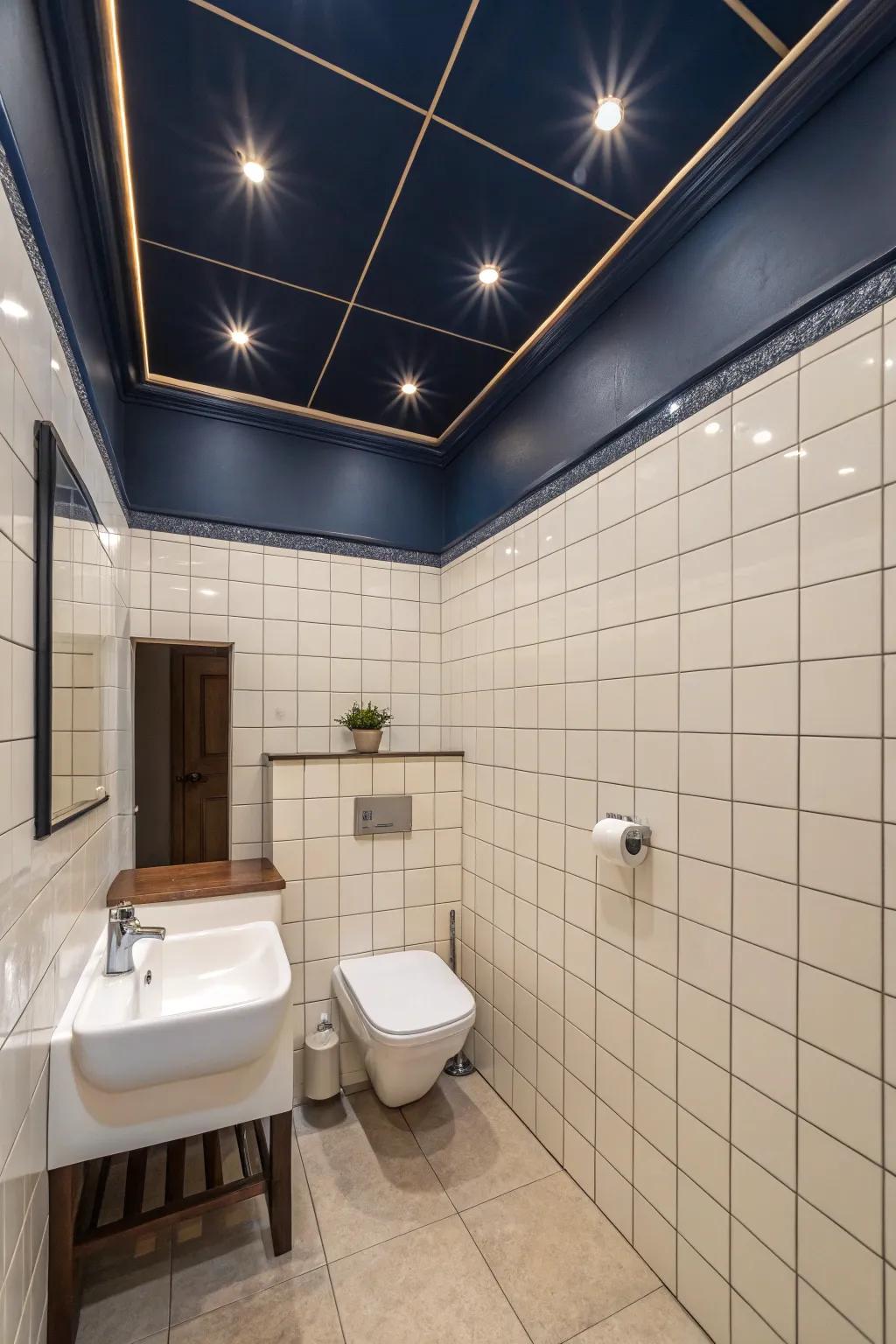 A lavish lavatory featuring a deep azure ceiling.