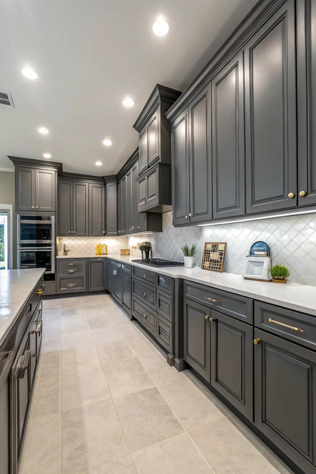 Efficient layout showcases the fusion of style and functionality in deep charcoal cabinets.