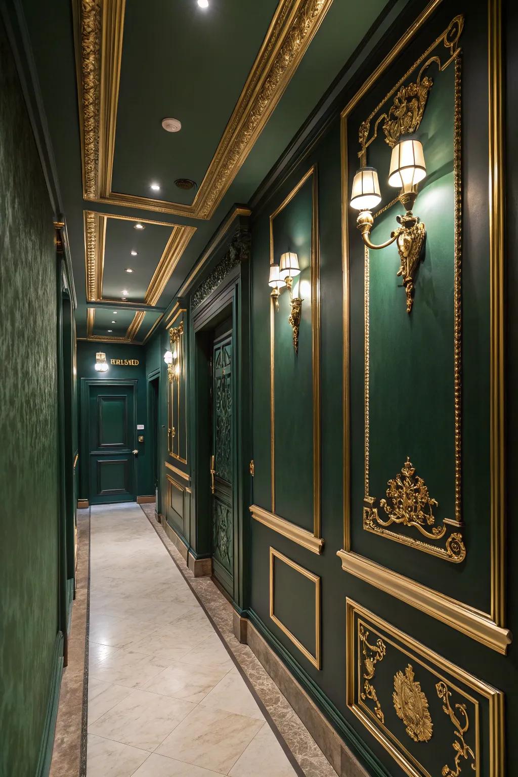 Gold accents elevate the elegance of the dark green hallway.