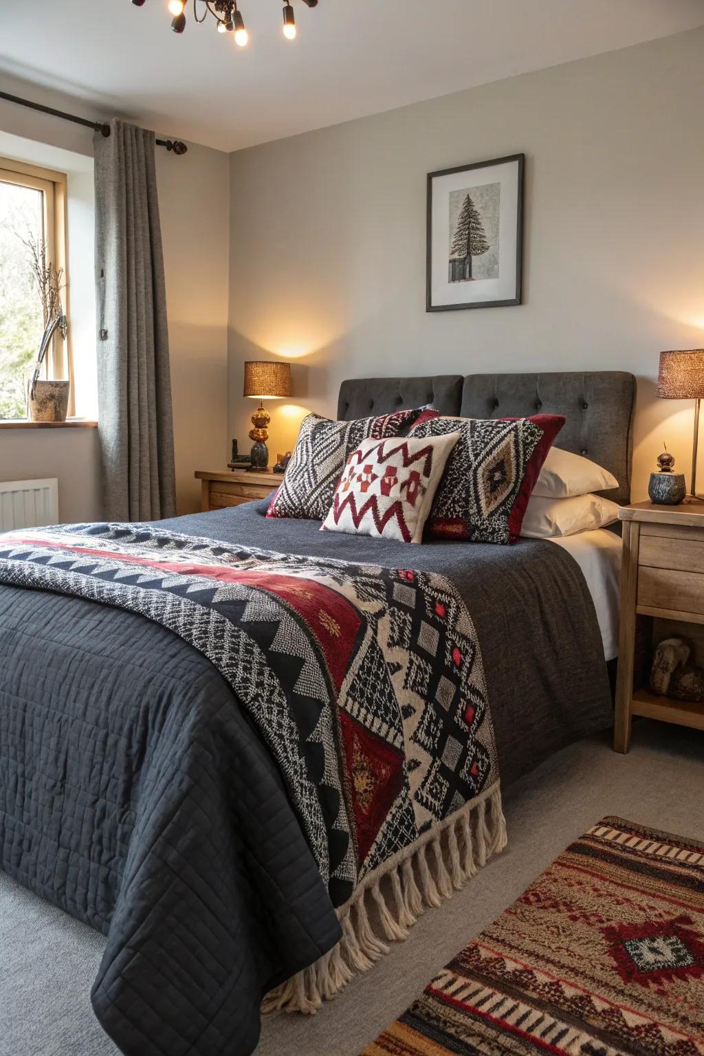 Styles add a lively touch to the calm of deep charcoal bedding.