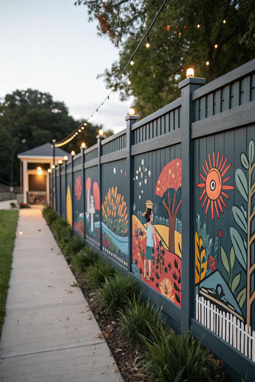 A deep charcoal barrier serves as a striking canvas for a colorful mural.