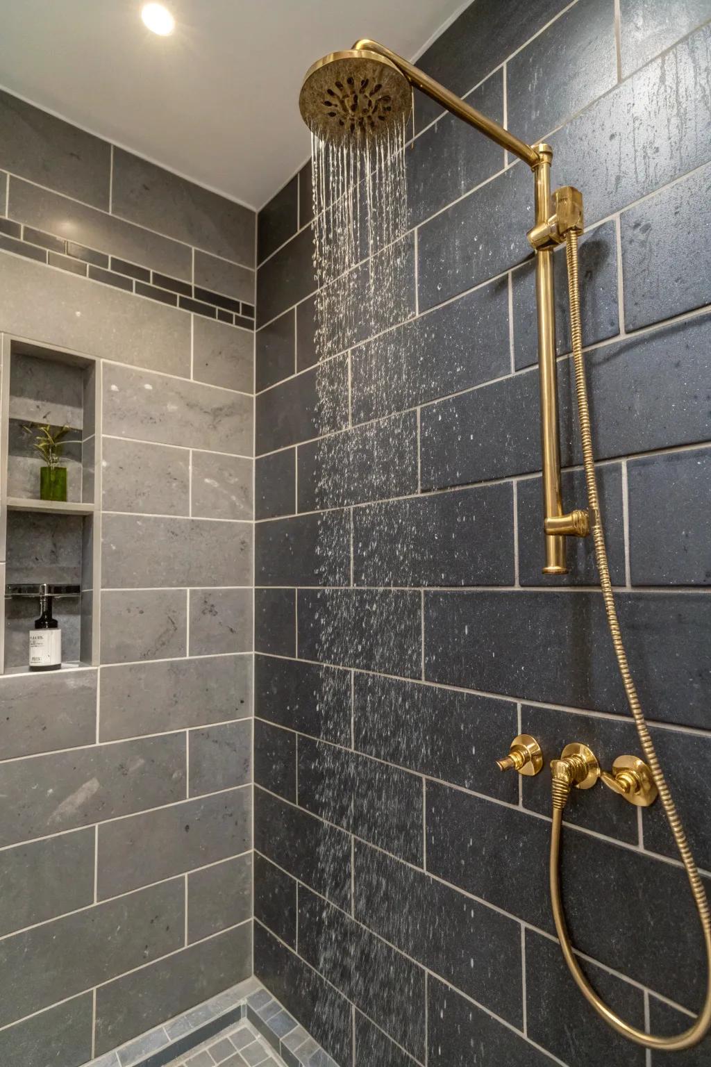 The contemporary feel of deep charcoal tiles is complemented by metallic fixtures.