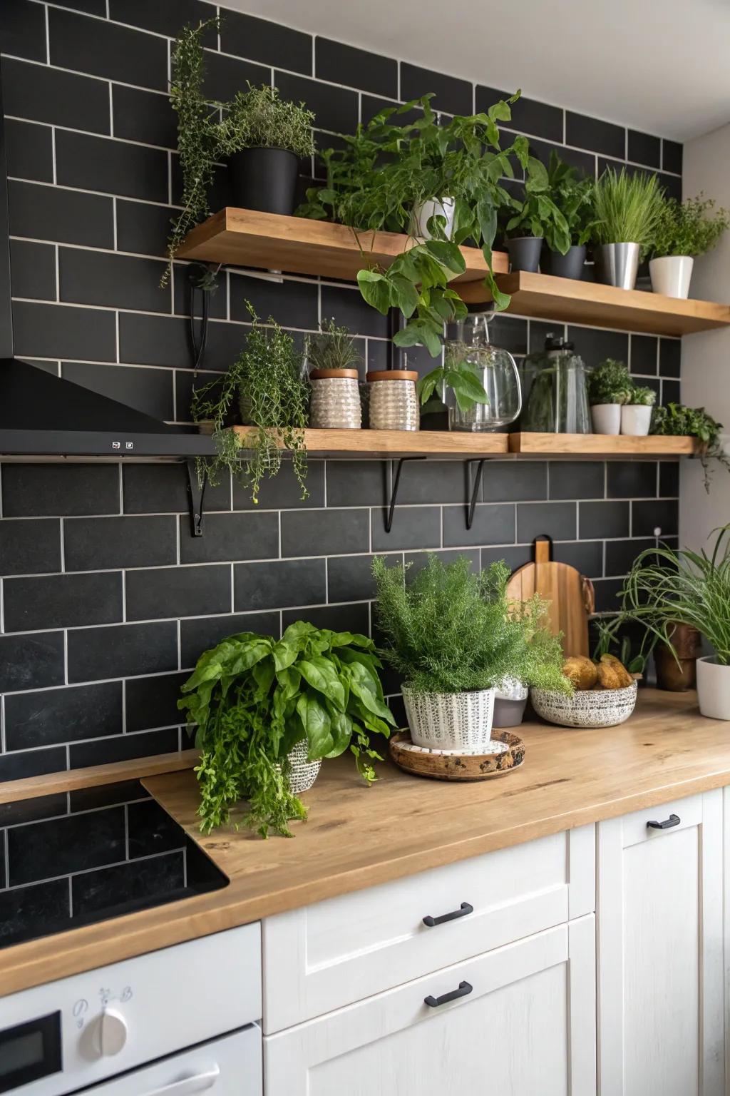 A kitchen where natural elements like plants complement a dark backsplash.