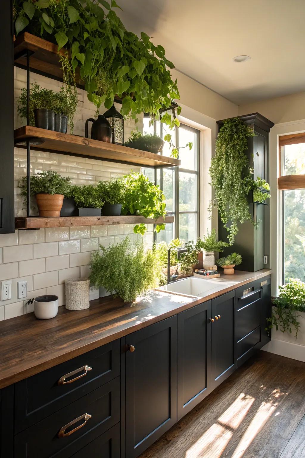 Green plants add a refreshing pop of color to the dark kitchen.