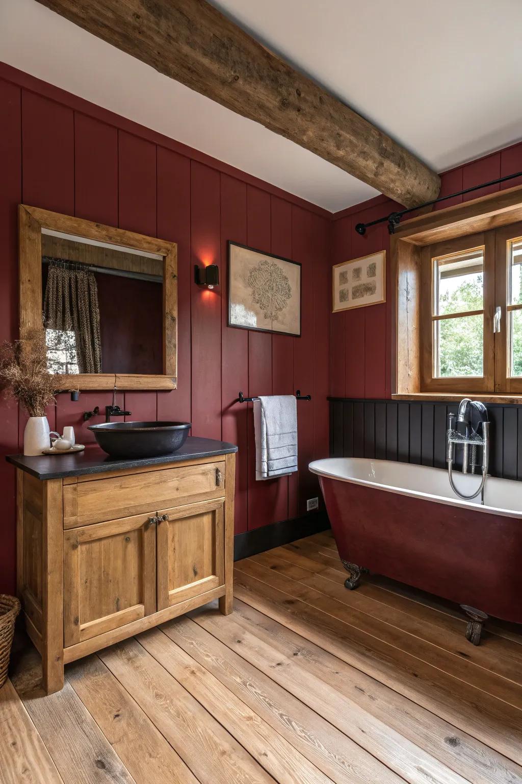 Natural elements bring warmth and harmony to a dark red bathroom.