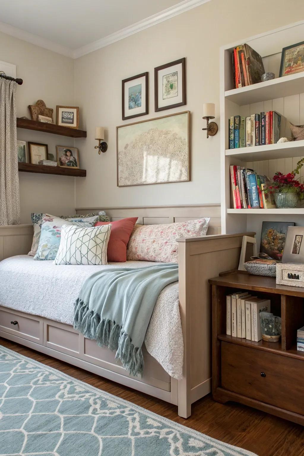 Personalized daybed area featuring bespoke decor