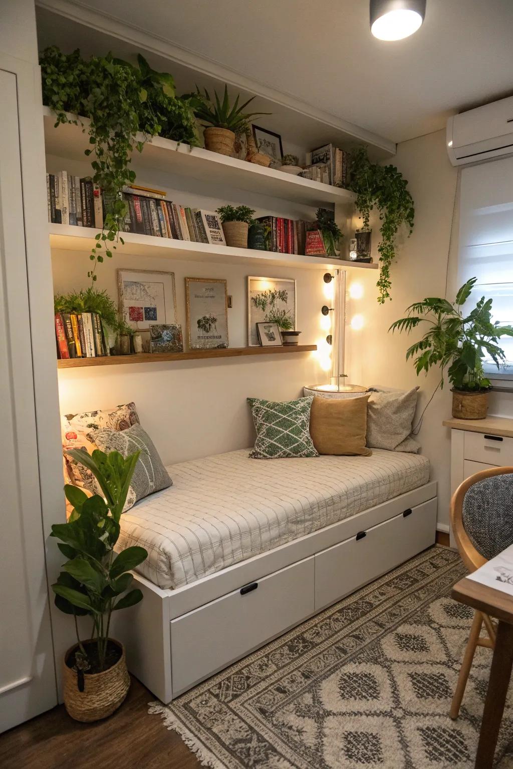 Strategic positioning of a daybed in a corner helps to maximize space.