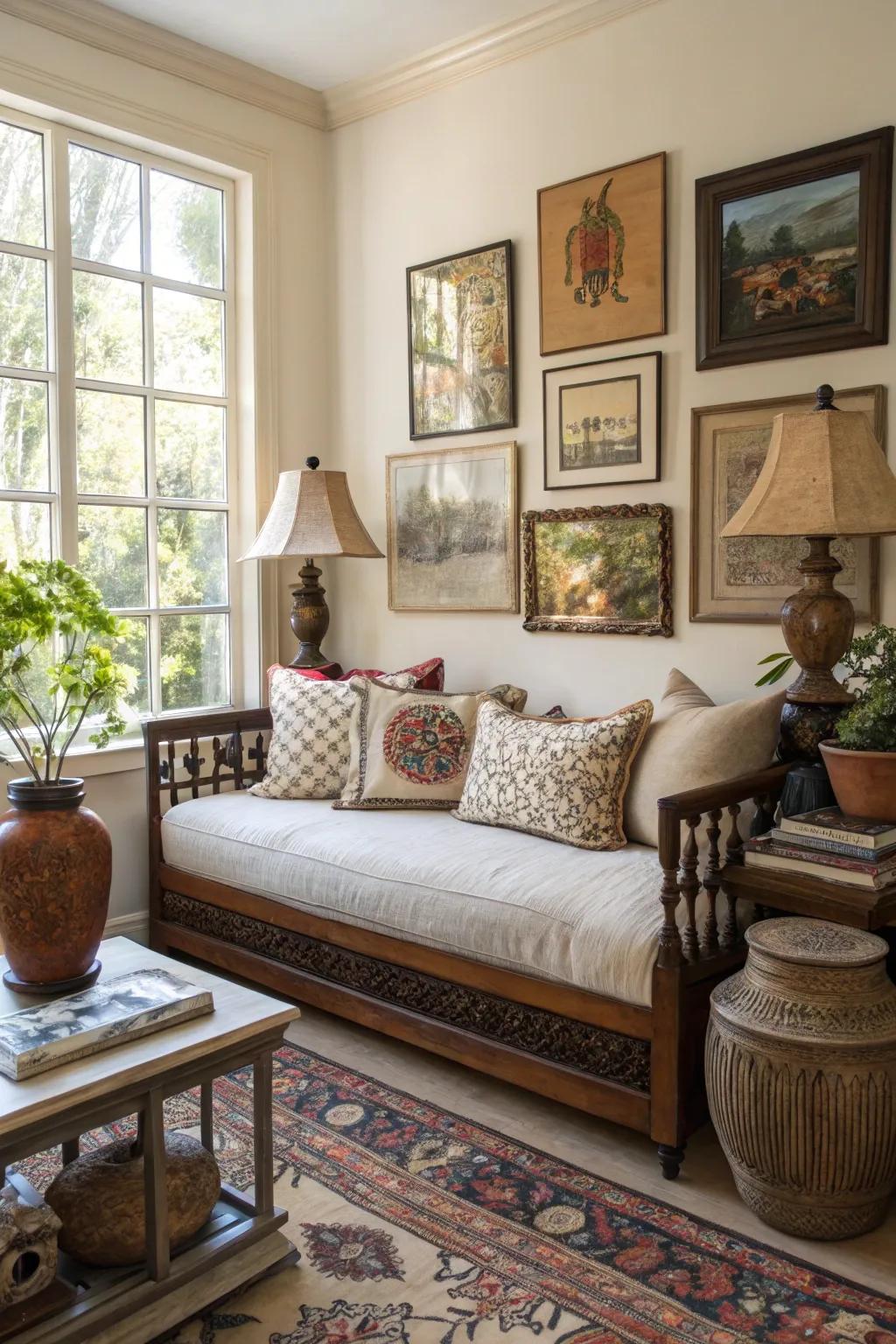A daybed enhanced with artistic features, creating a captivating focal point.