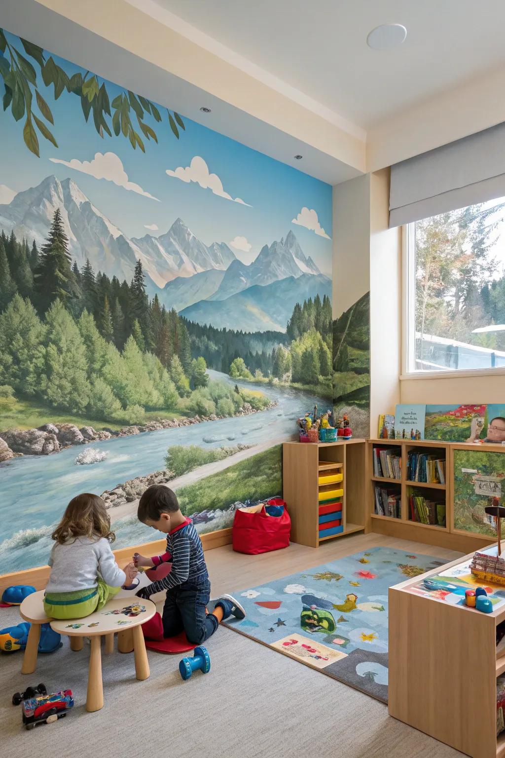 An adventurous daycare space with outdoor-themed wallpaper.