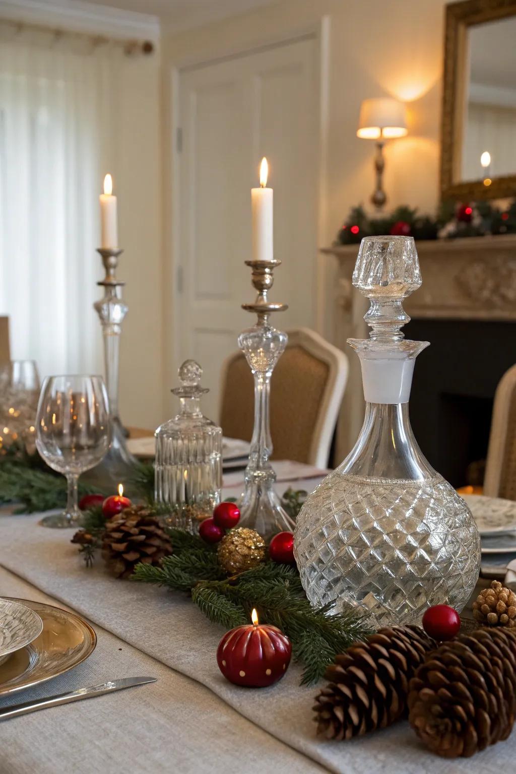 A festive table centerpiece featuring vessels and seasonal decor.