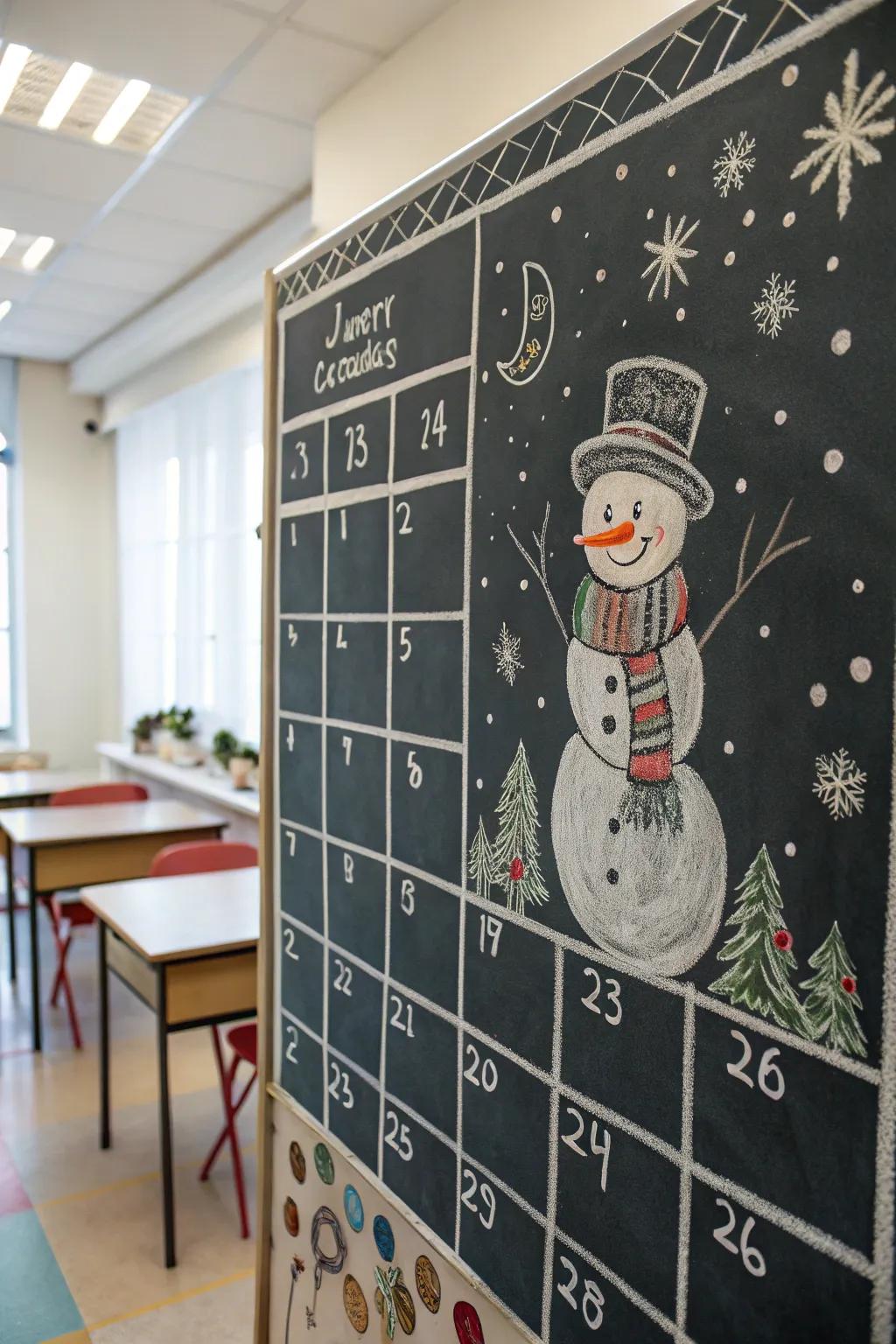A cheerful snowy pal-themed chalkboard calendar.
