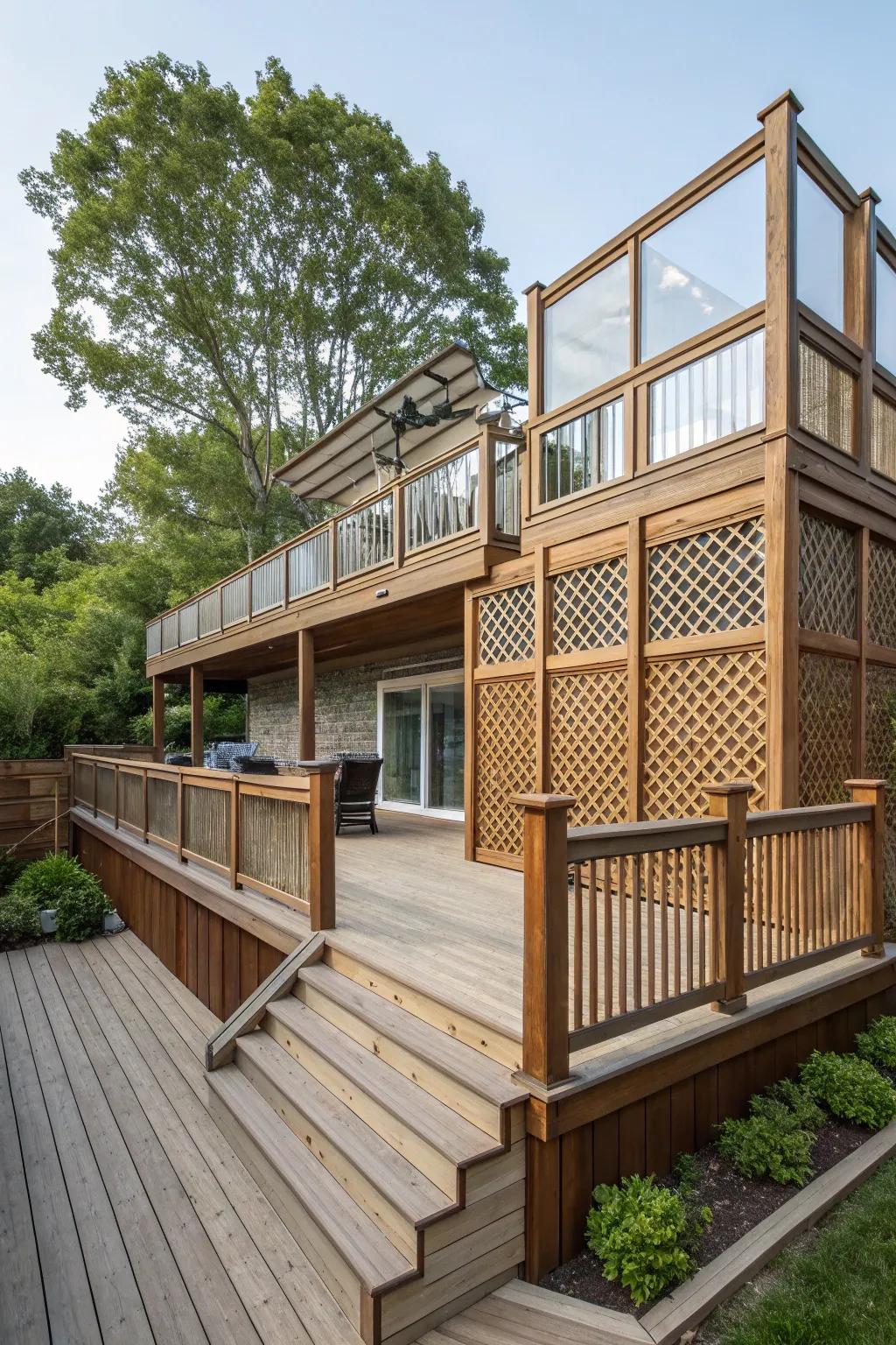 Multi-level design creating separate and private deck areas.