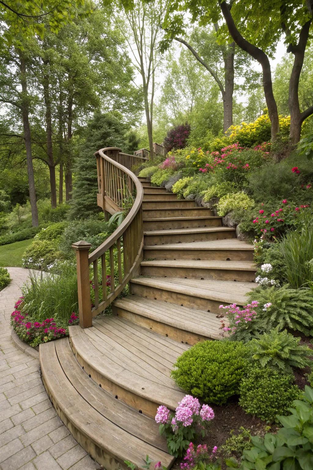 Bring sophistication with beautifully curved deck steps.