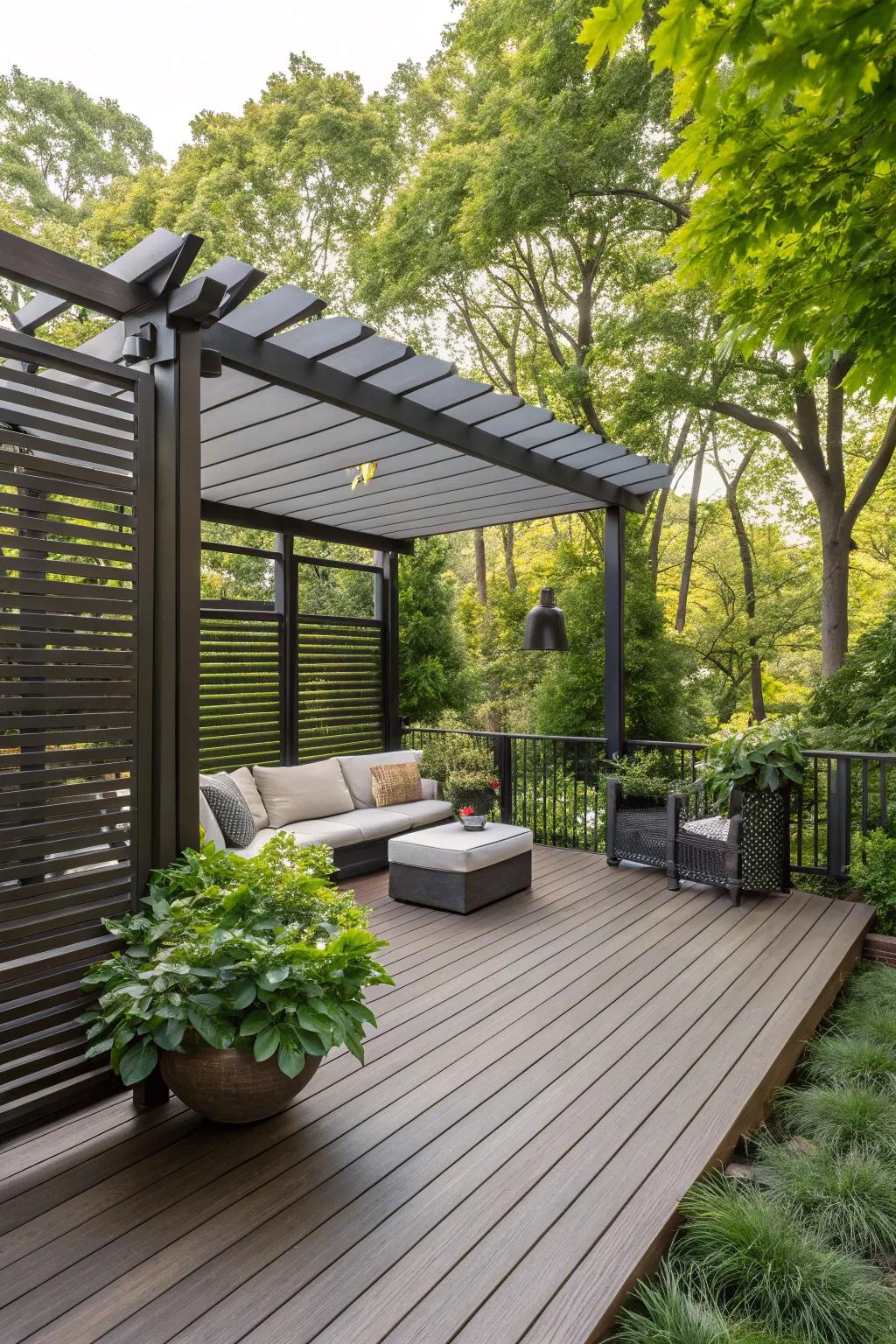 A secluded outdoor retreat is created by privacy features.