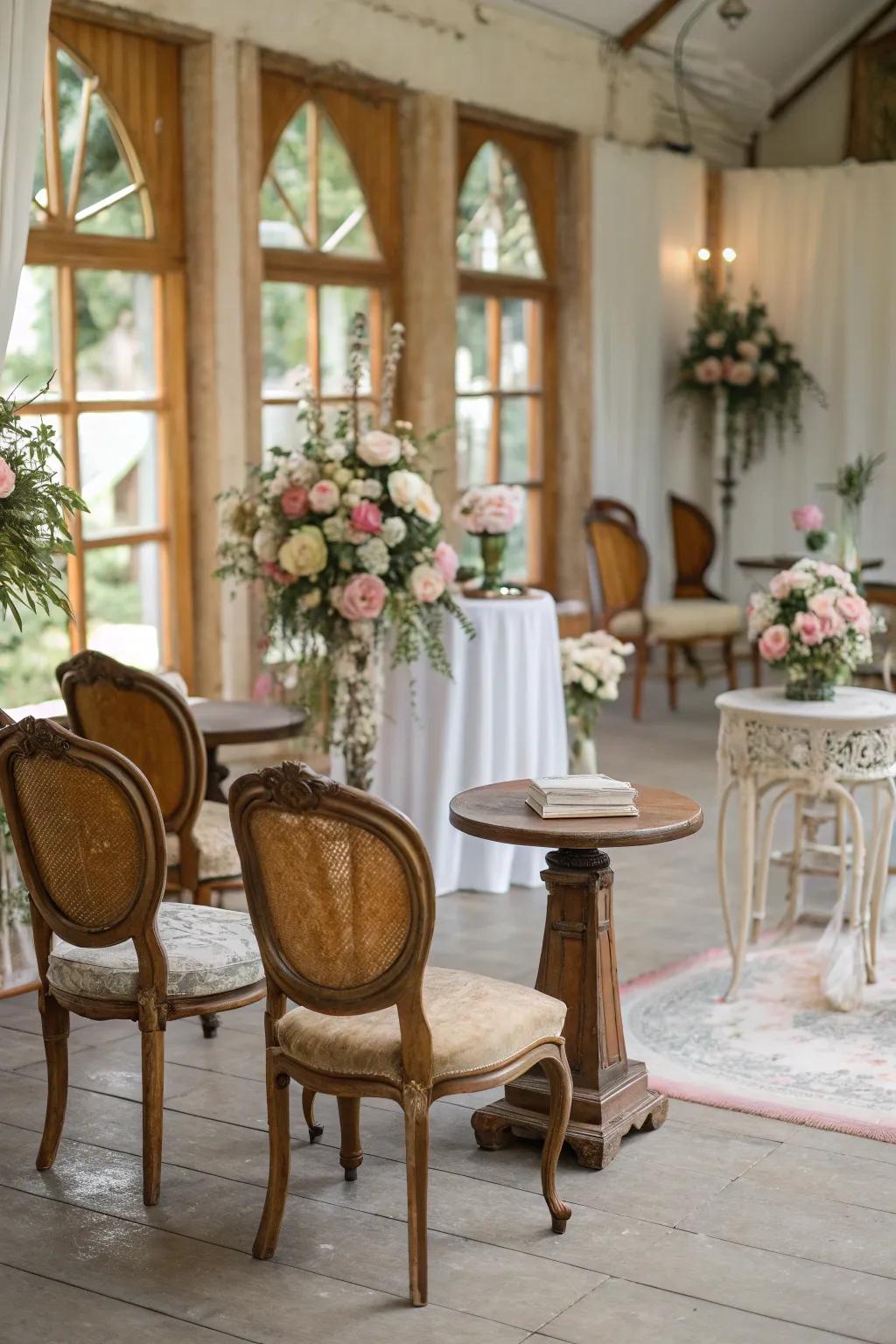 Charming retro ornamentation introducing character to a wedding location.