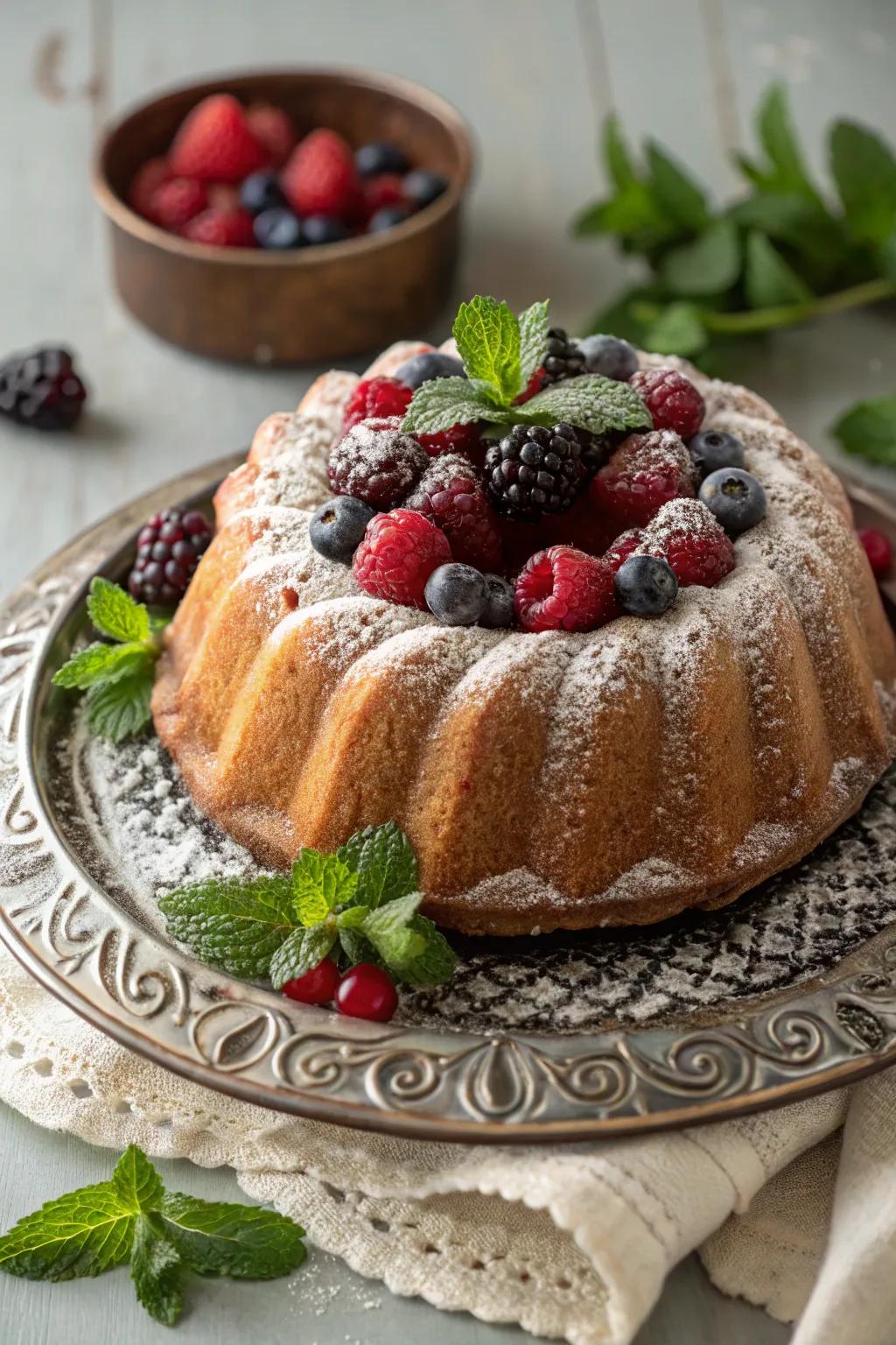 A bundt cake revealing a vibrant fruit-filled core.
