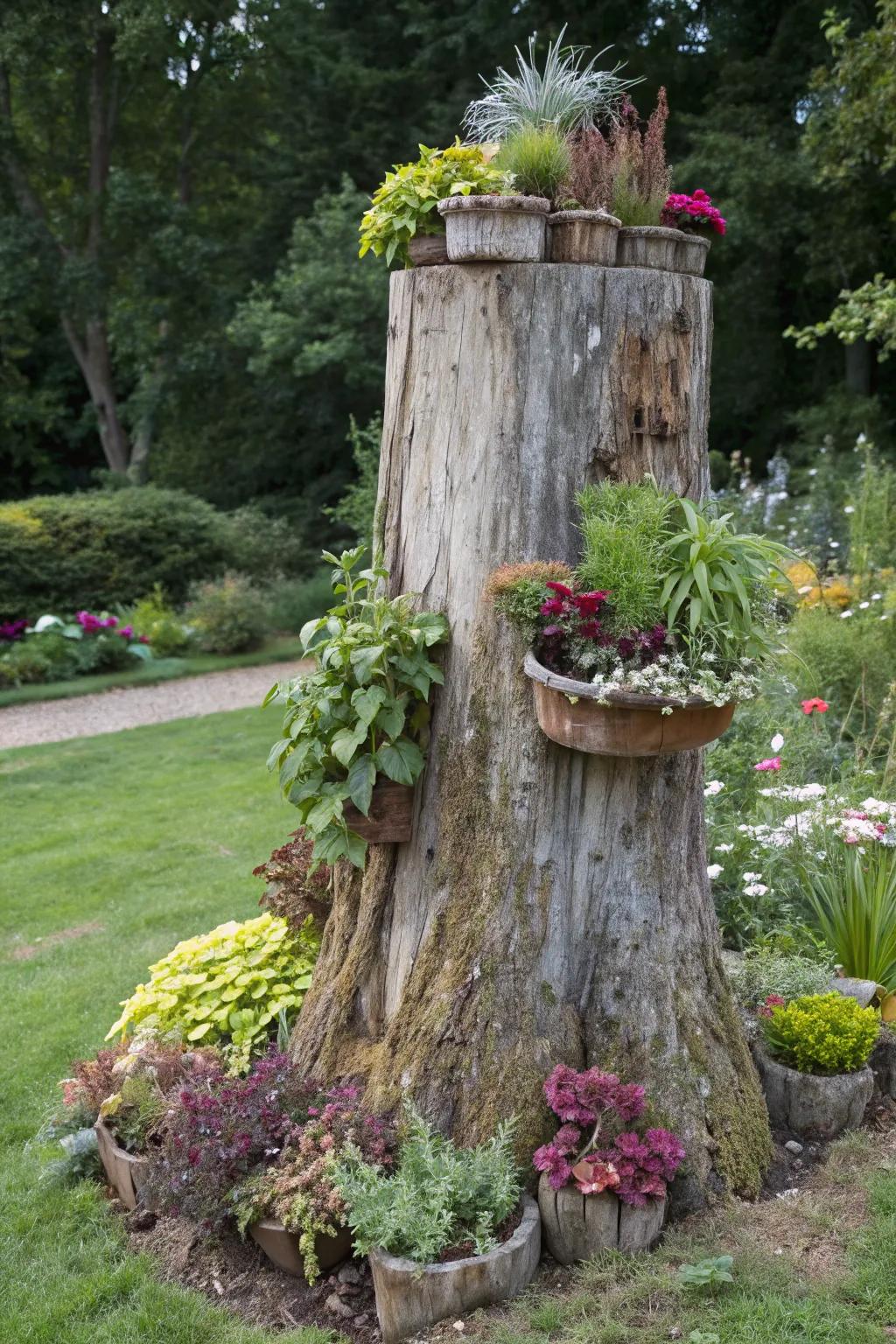 Introduce visual depth with potted plants on a tree stump.