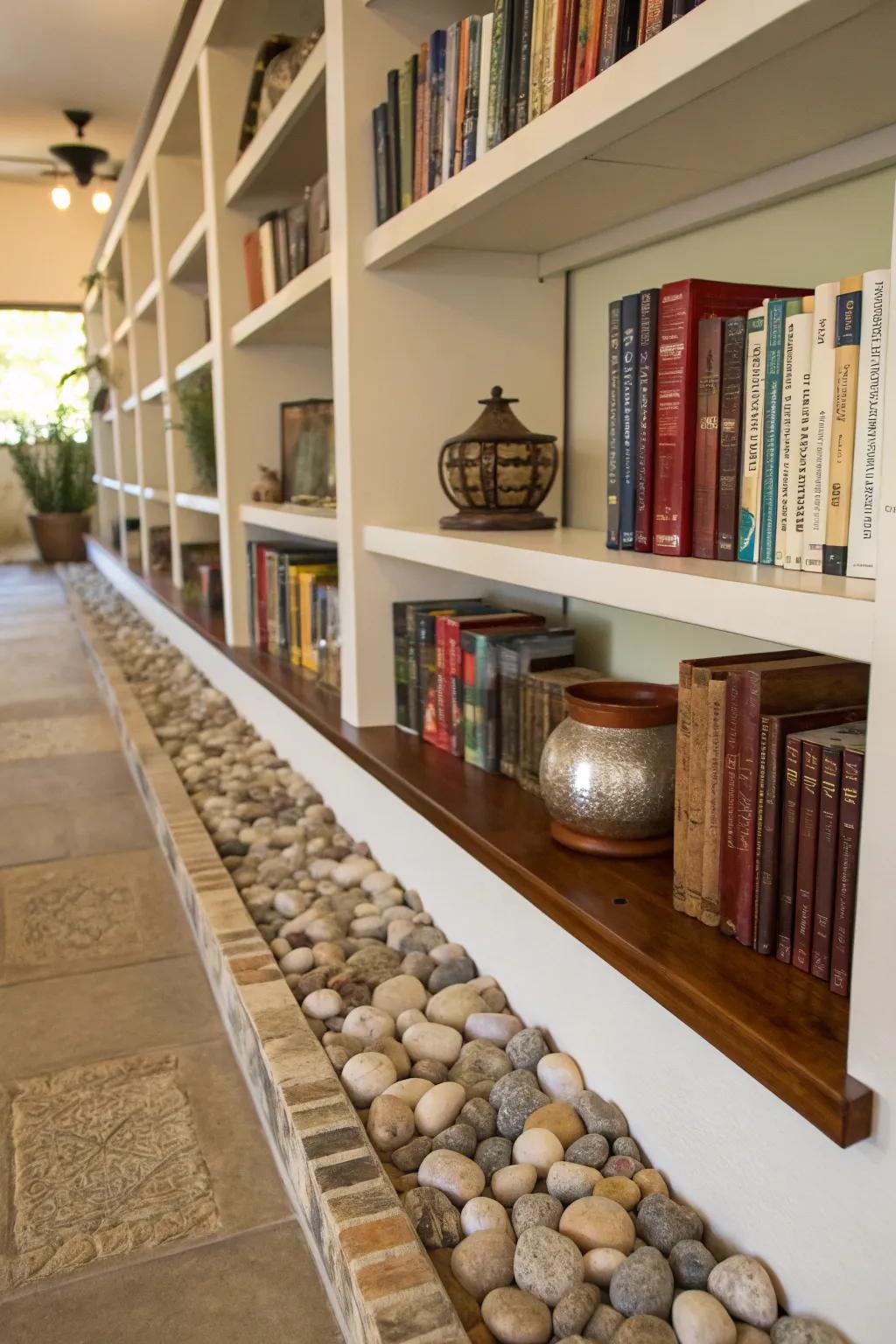 Add a natural touch to your bookcases with a line of stones.