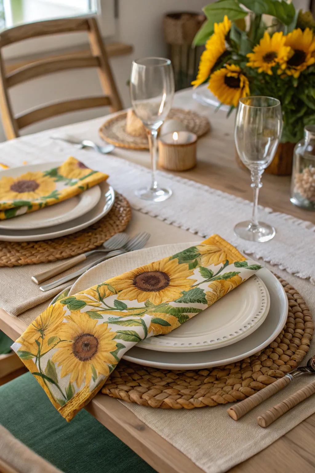 Linens with a sunflower theme contribute a cheerful element to any table setting.