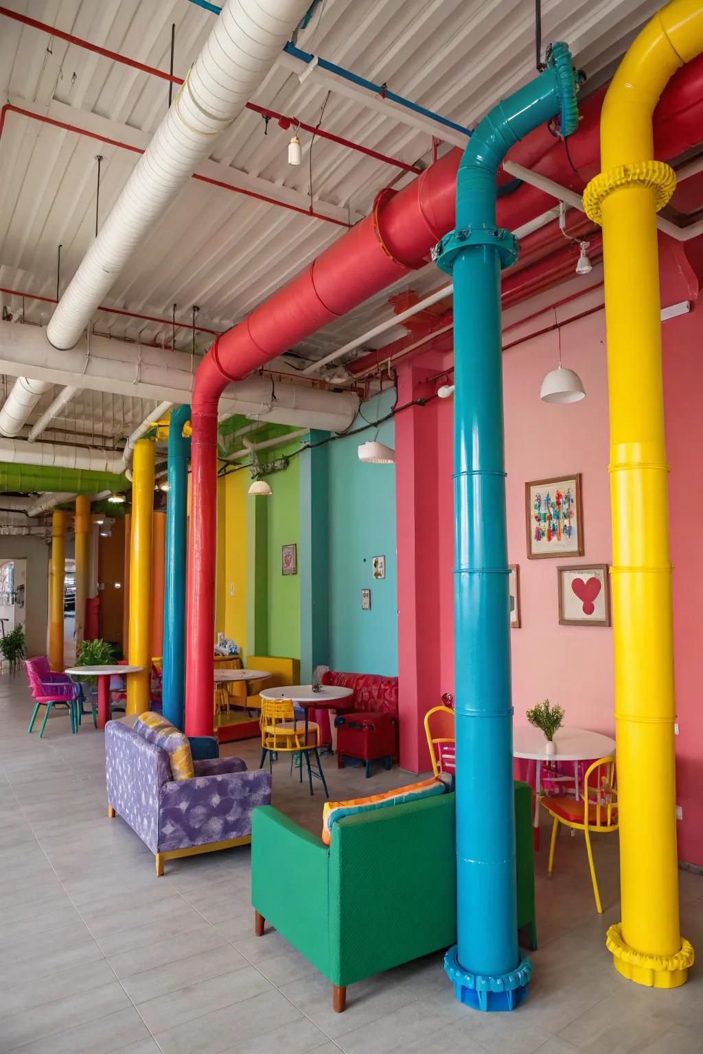 Bright colored pipes introduce a vibrant splash.