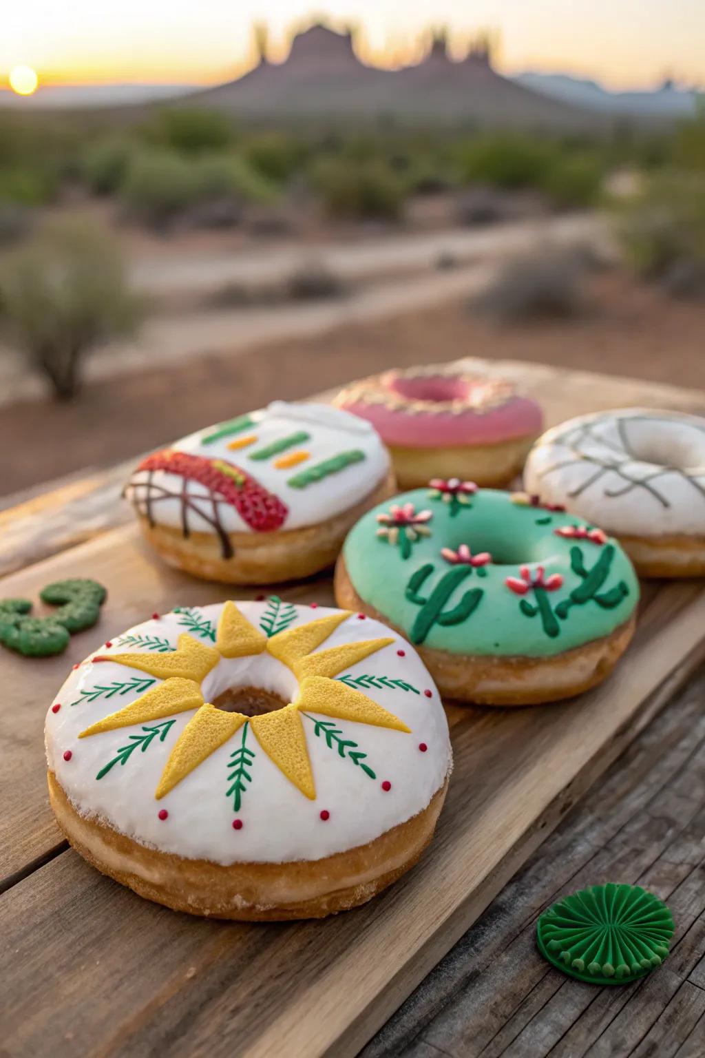 Pastries decorated with desert scene designs such as sunbursts and prickly pears.