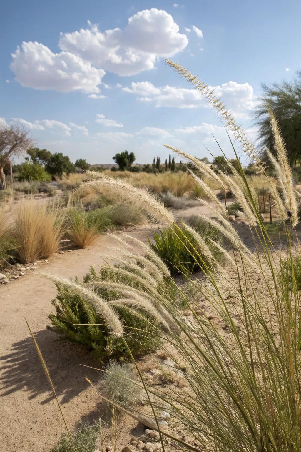 Ornamental grasses creating gentle movement in the desert garden.