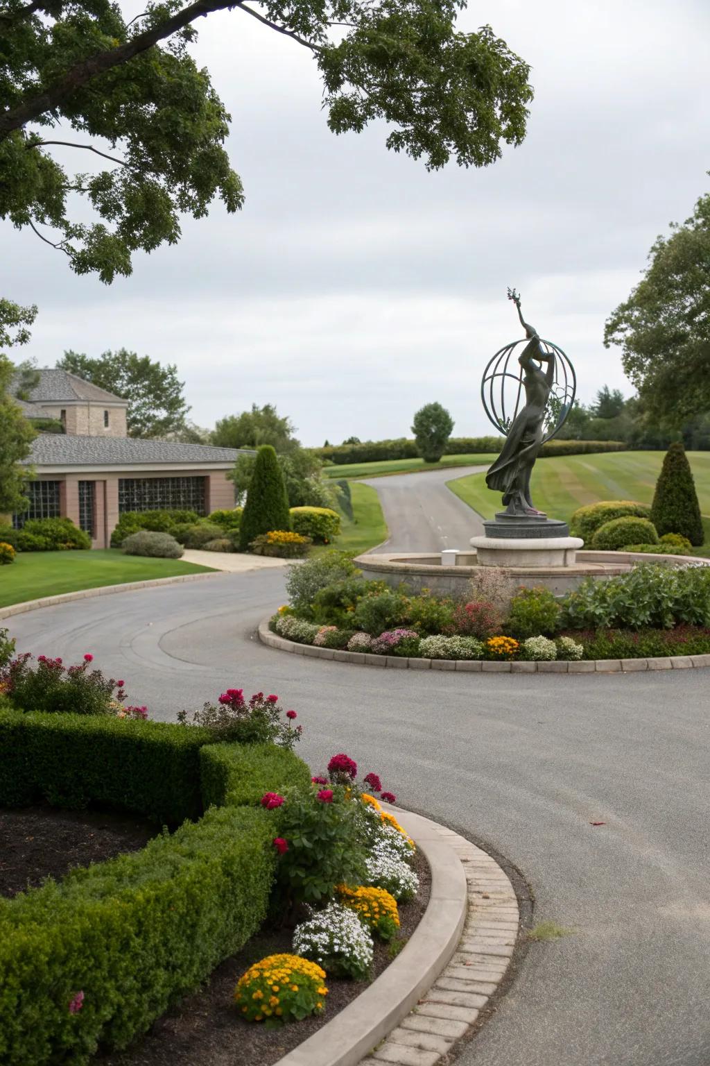 A remarkable sculpture commands attention, adding a personal touch to this graceful driveway.