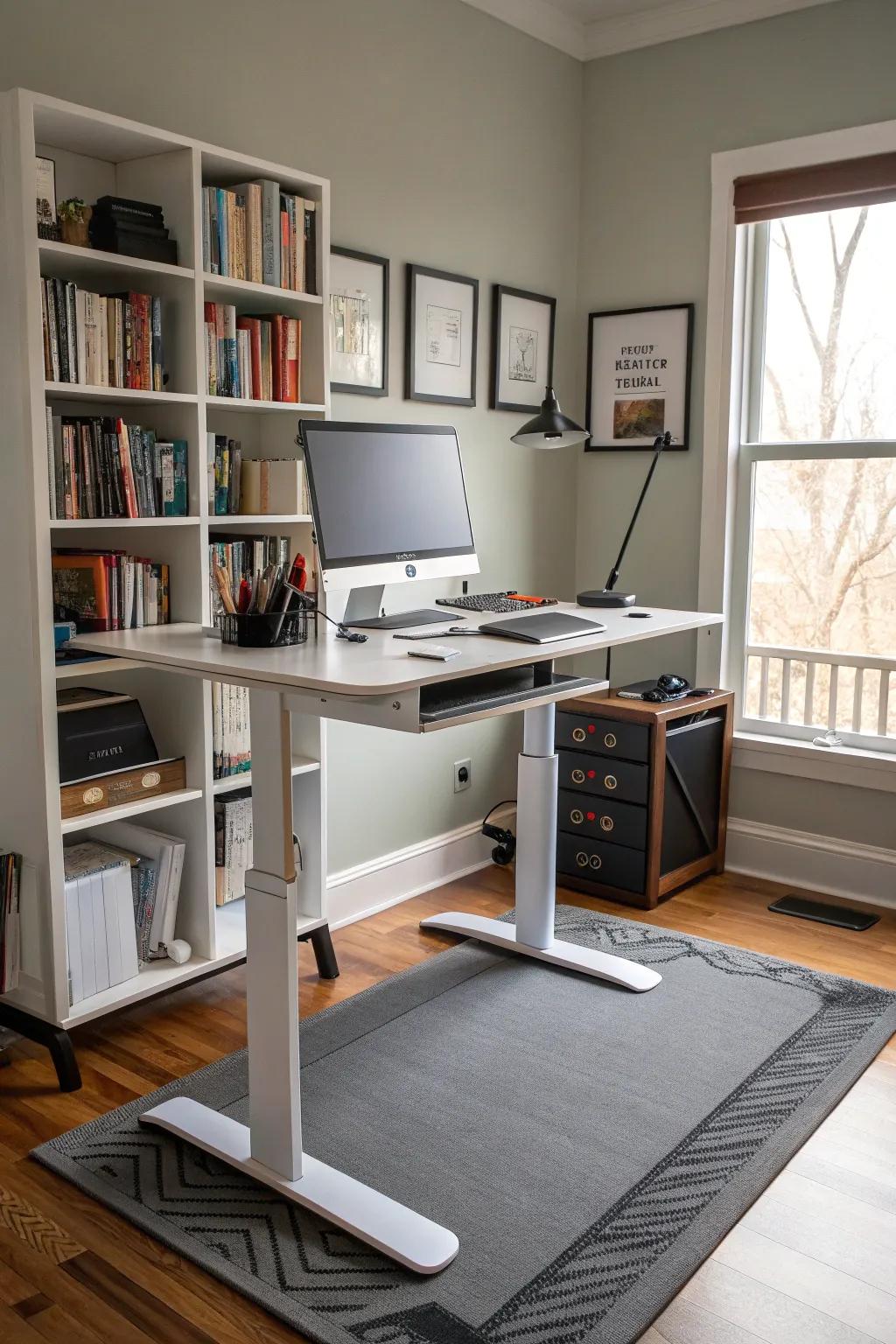 A standing desk provides flexibility and health benefits.